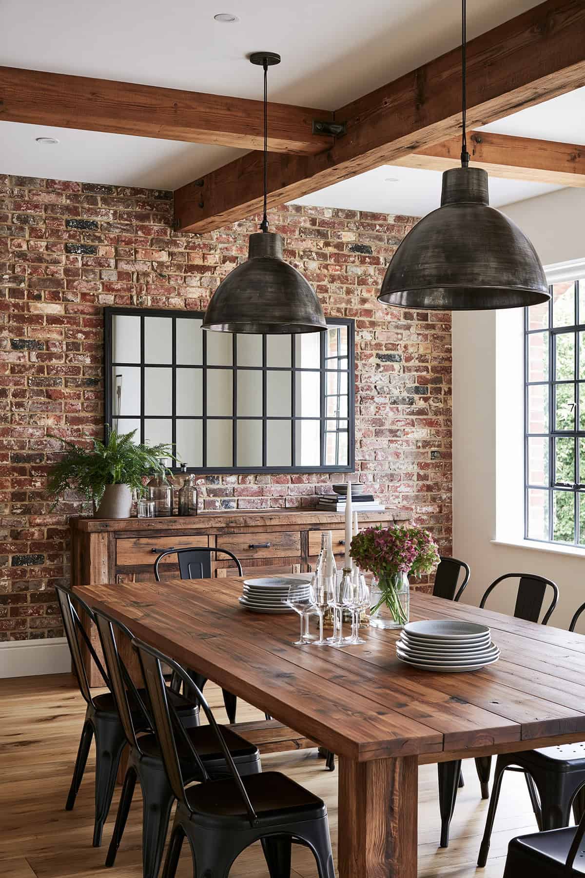 Grid Mirror for an Industrial Dining Space