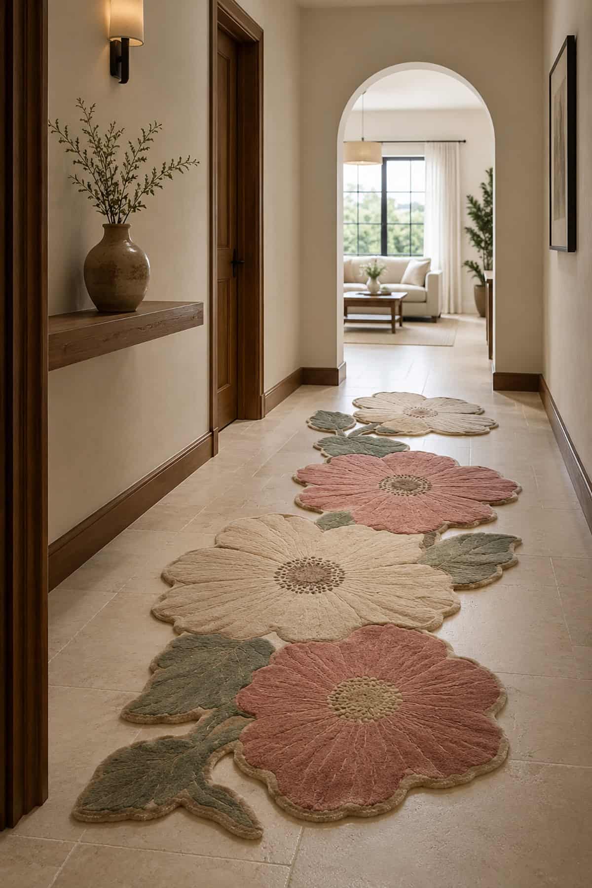 Hand Tufted Floral Runner in a Sunlit Hallway