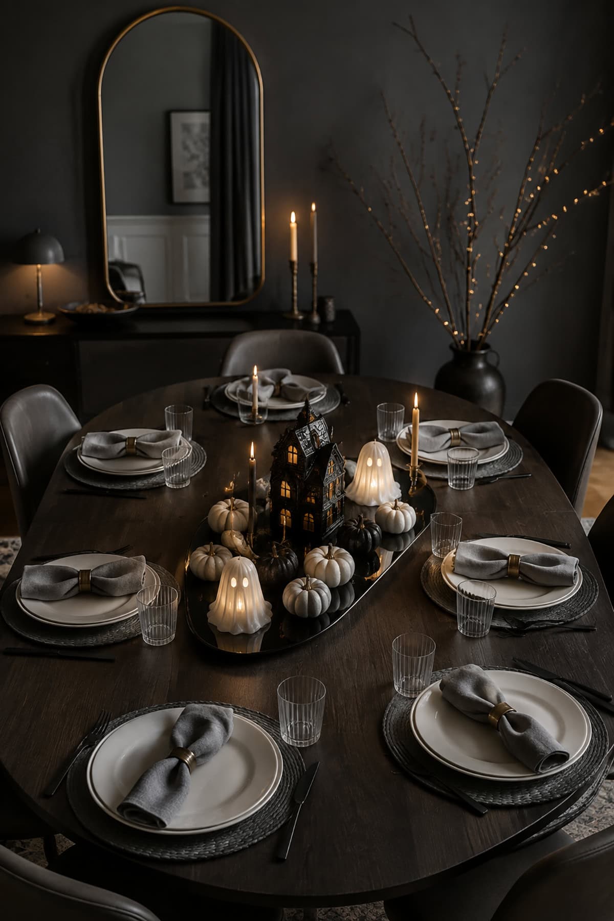Haunted House And Glowing Ghost Halloween Tablescape