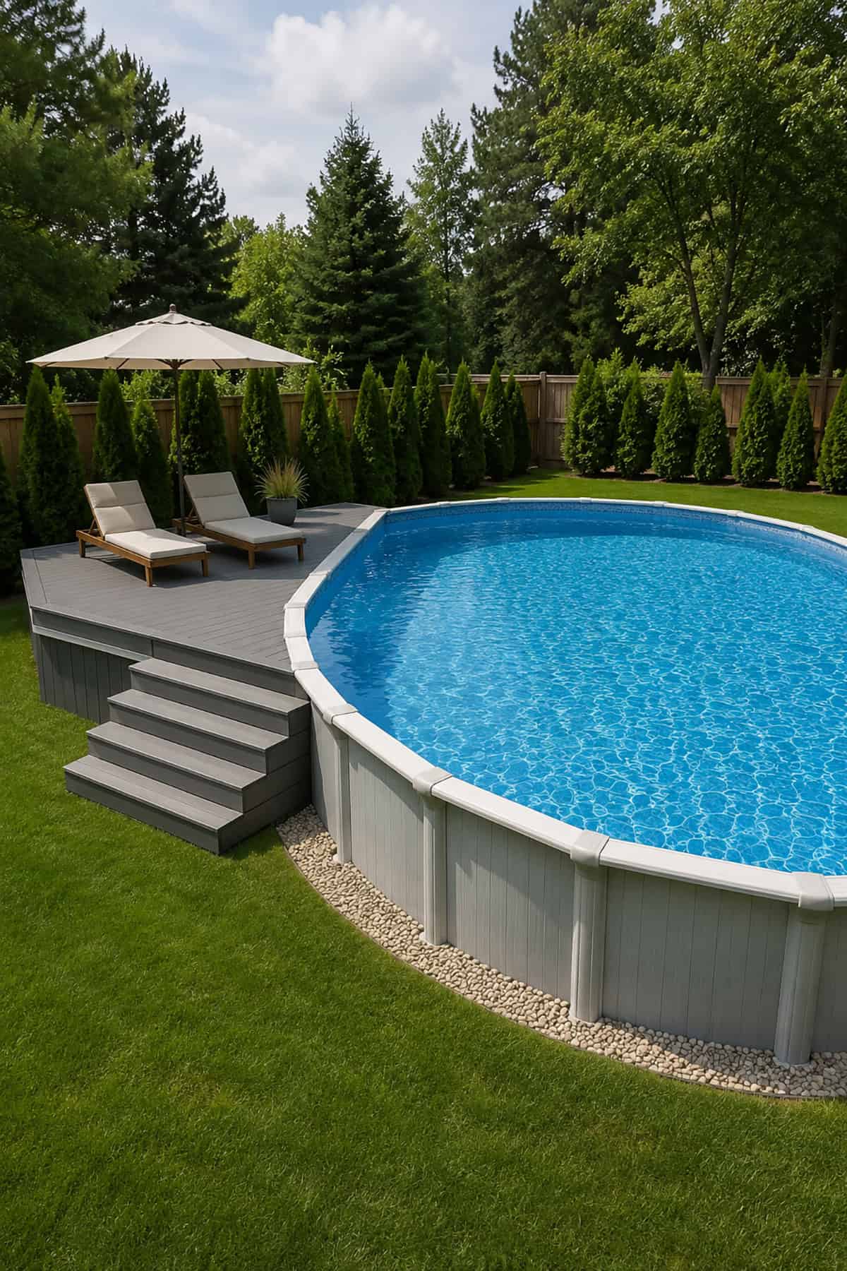 Large Oval Pool With A Raised Lounge Deck