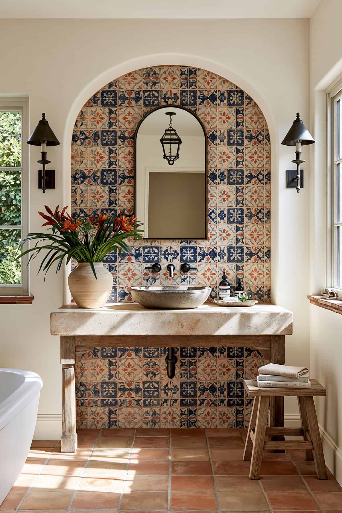 Mediterranean Tile Print Wallpaper Bathroom