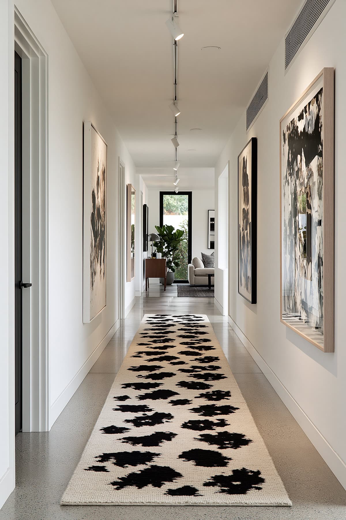 Monochrome Abstract Runner in an Art Filled Hallway