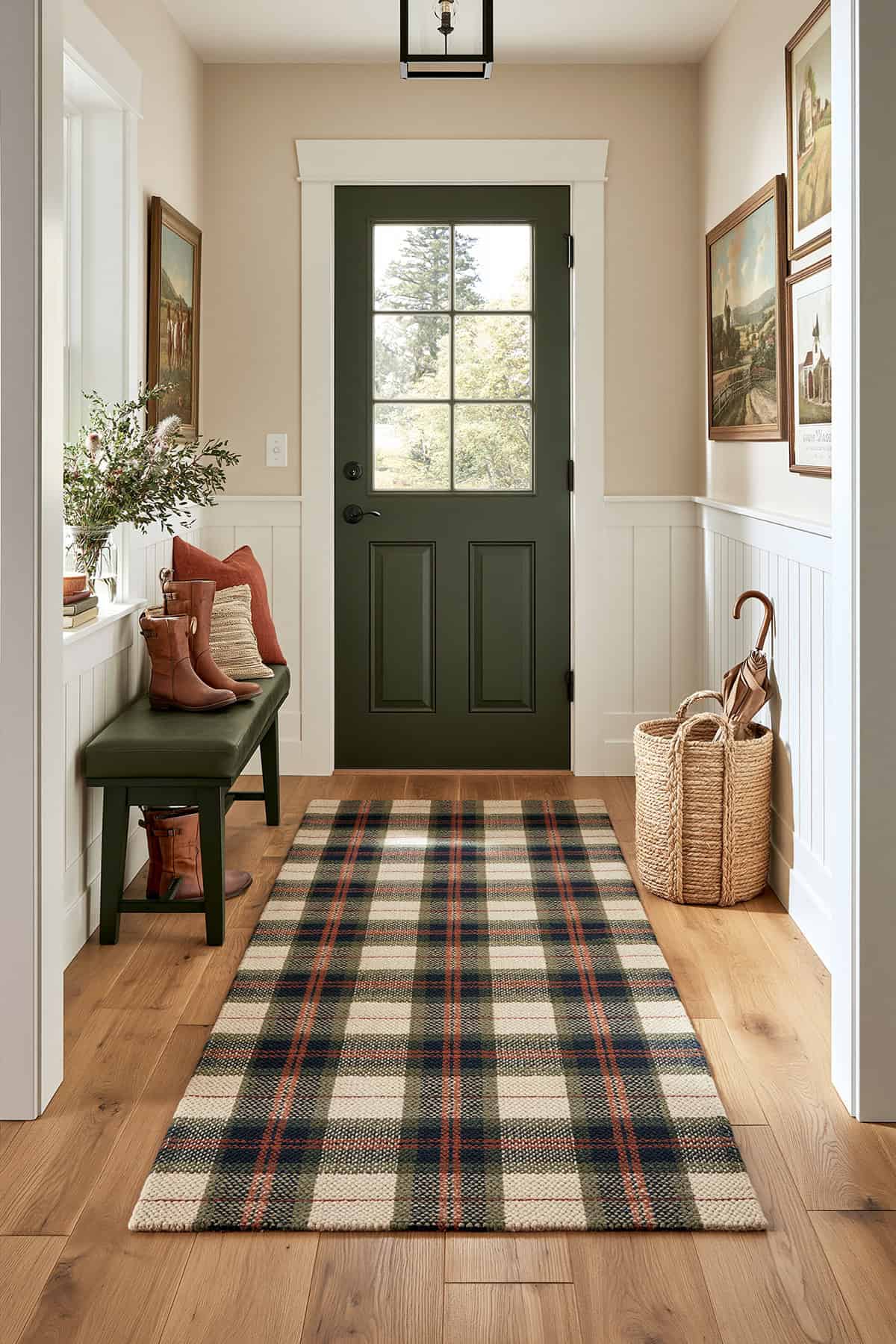 Oversized Plaid Runner in a Country Hallway