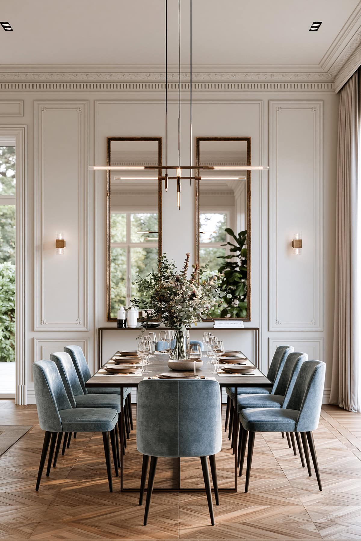 Pair of Tall Mirrors Between Wall Panels