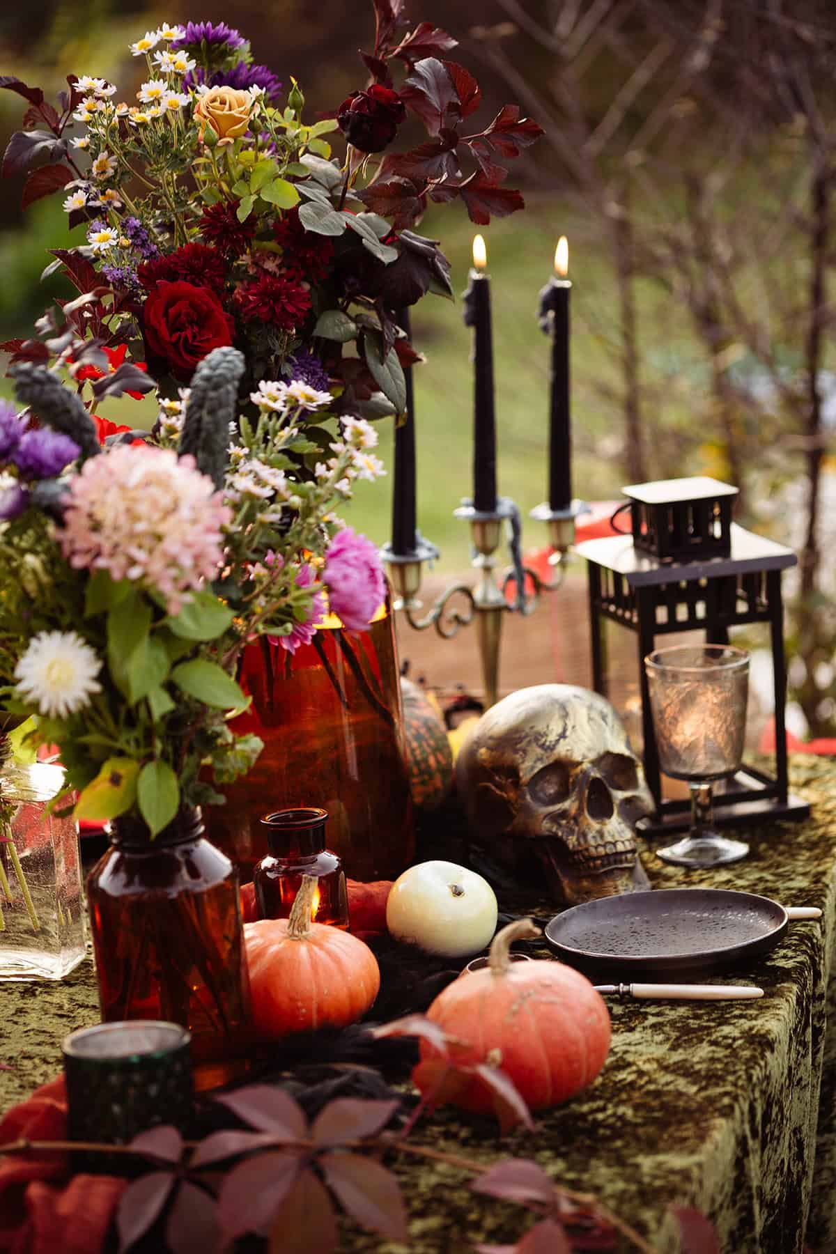 Pumpkins And Moody Flowers Outdoors