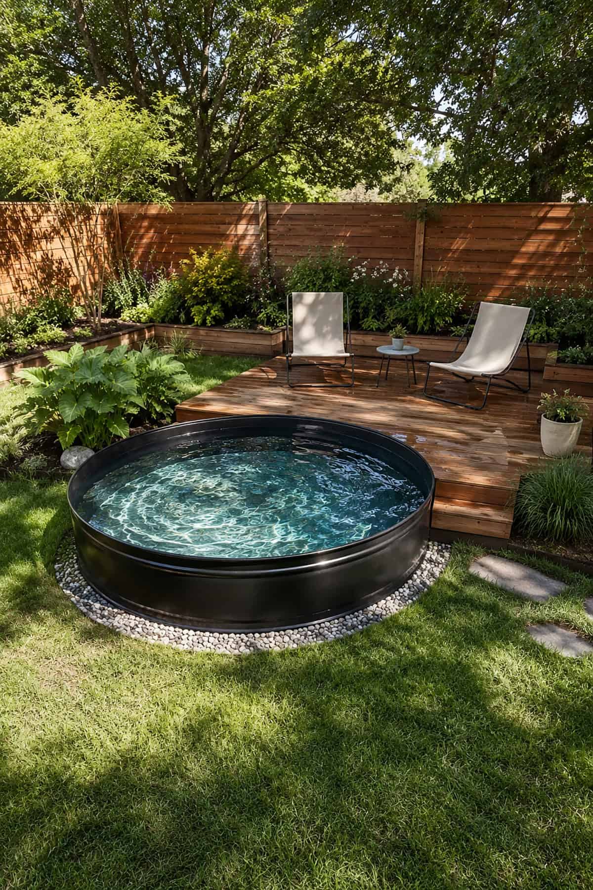 Round Stock Tank Pool With A Low Cedar Deck