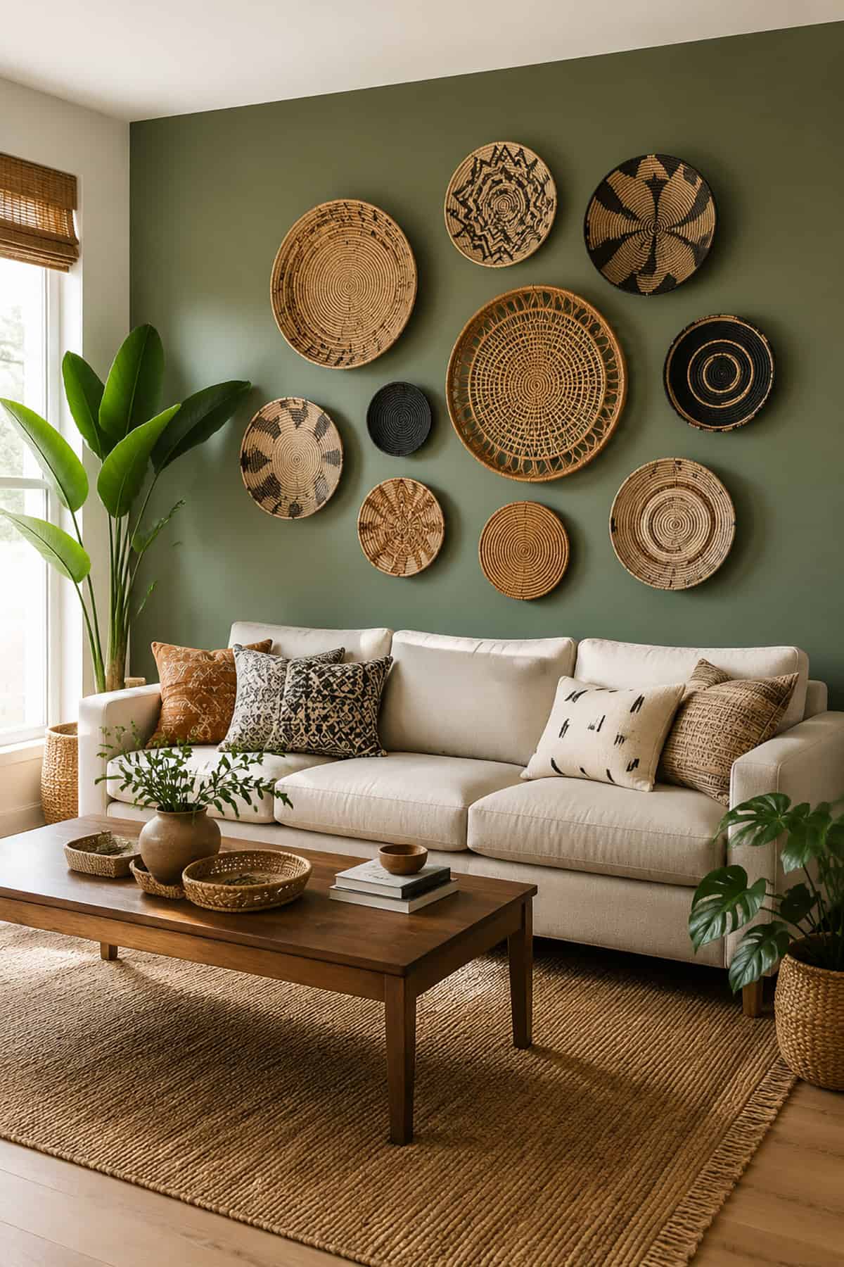 Sage Green Wall With Woven Baskets