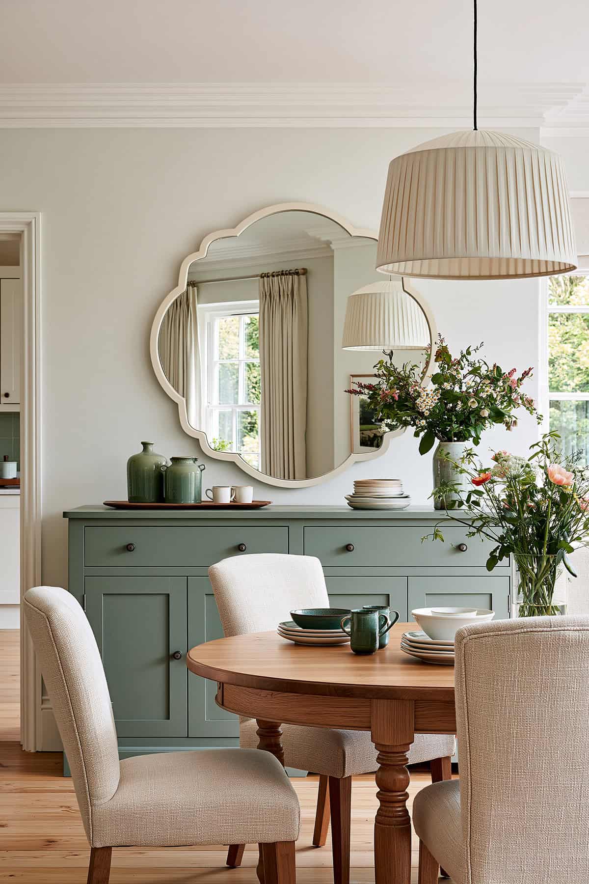 Scalloped Mirror Above a Painted Sideboard