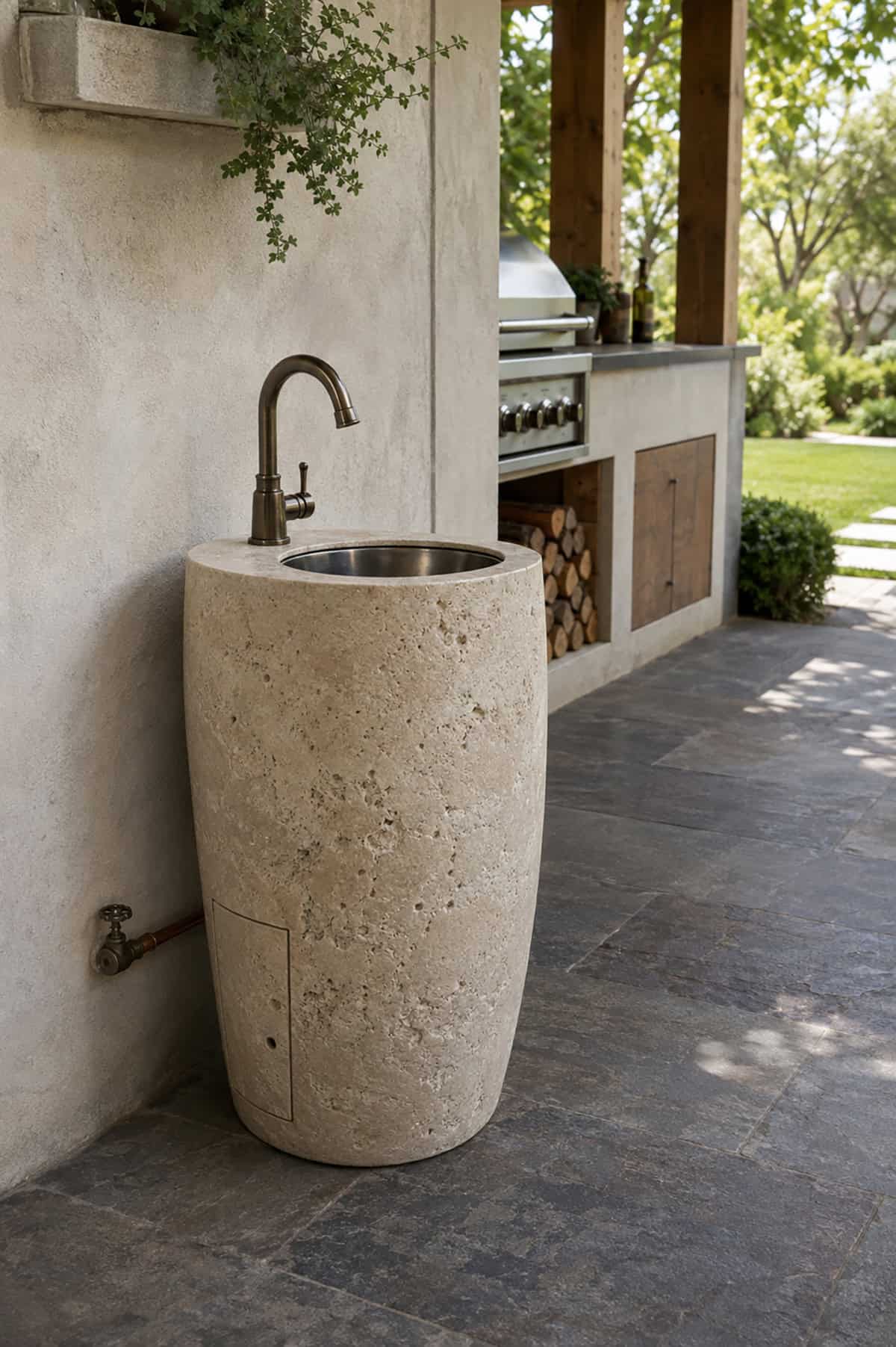 Sculptural Travertine Patio Sink