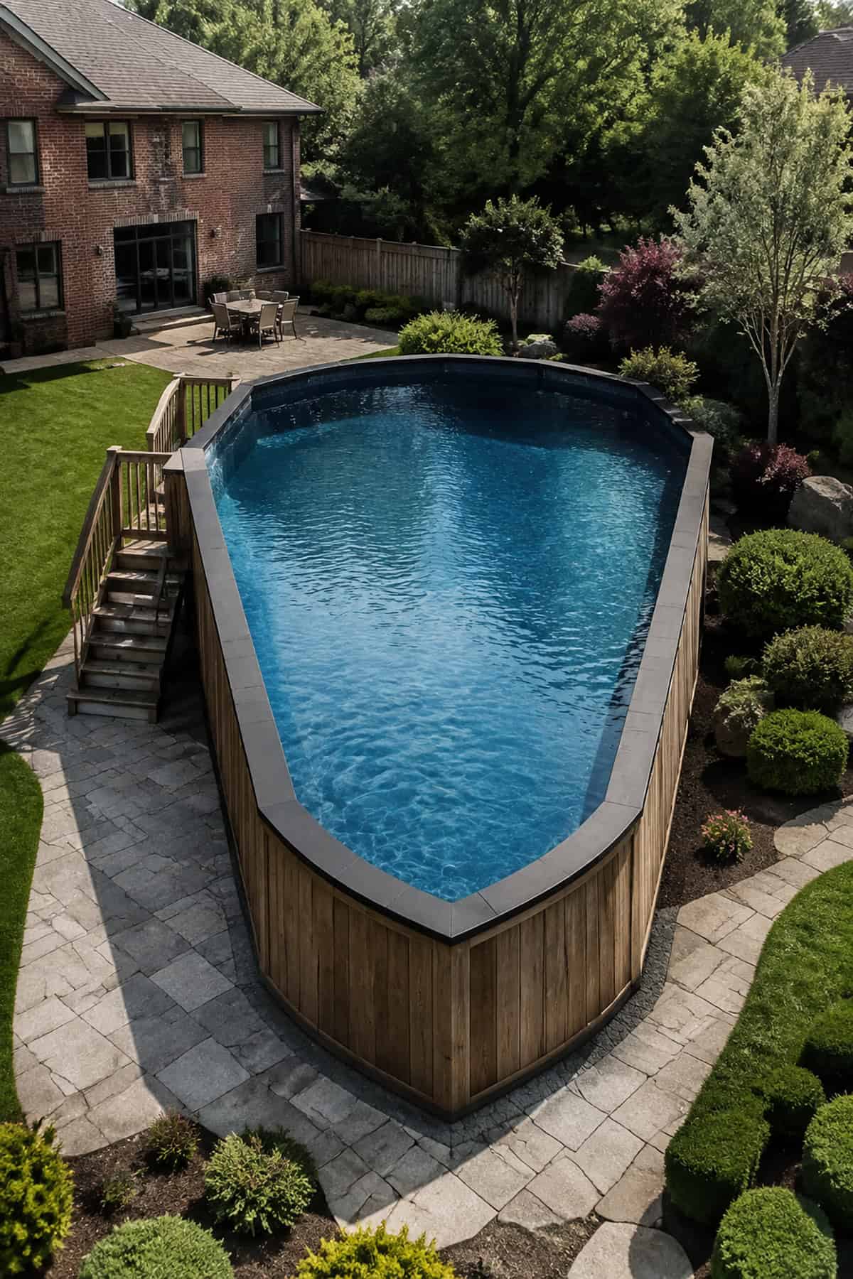 Shield shaped above ground pool in backyard