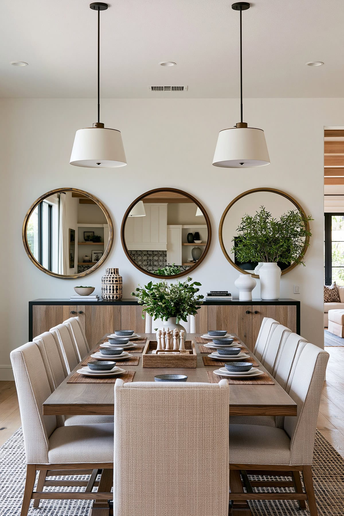 Three Round Mirrors Above a Long Console