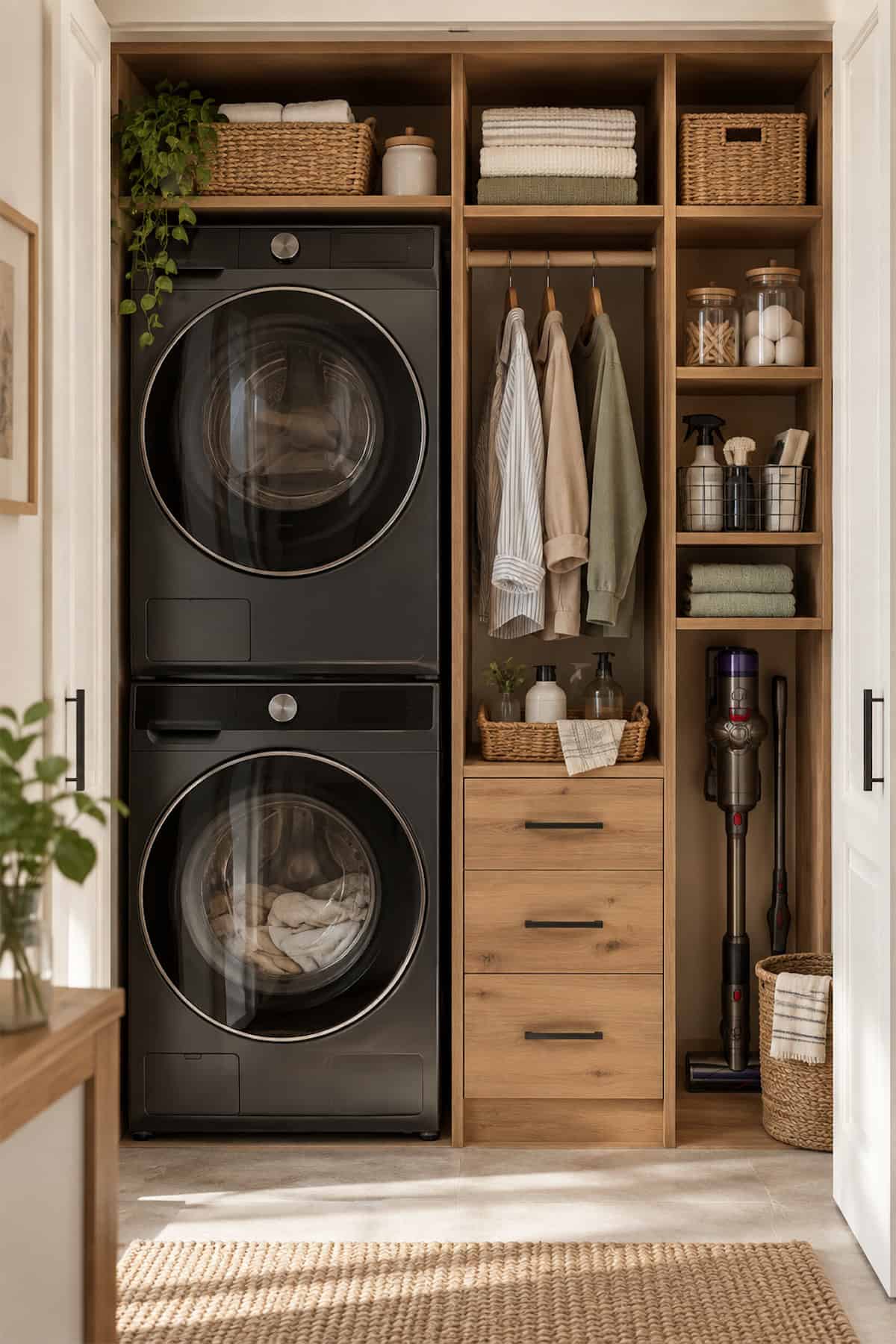 An Open Laundry Closet with Drawers and a Rail