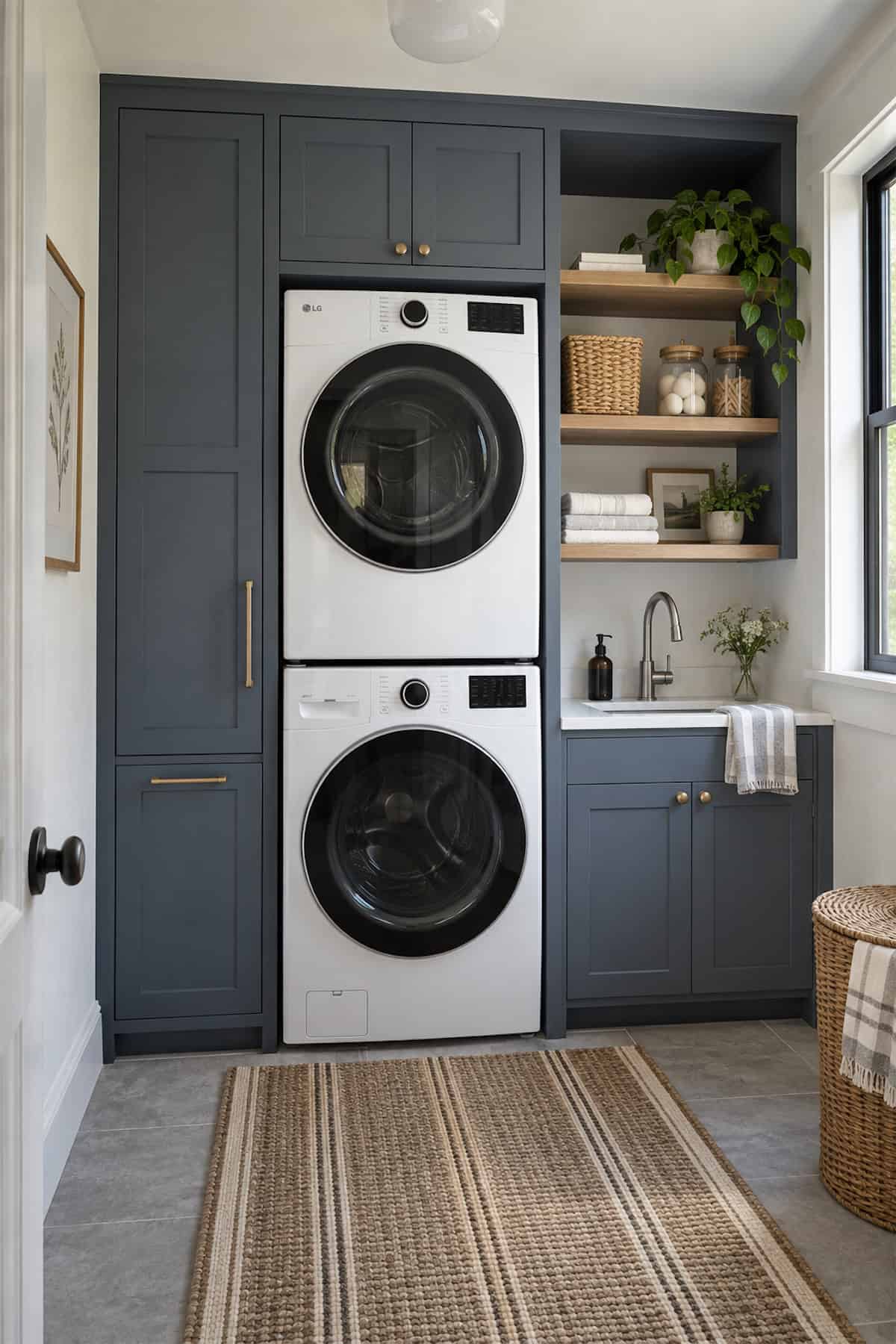 Charcoal Cabinetry for Stacked Laundry