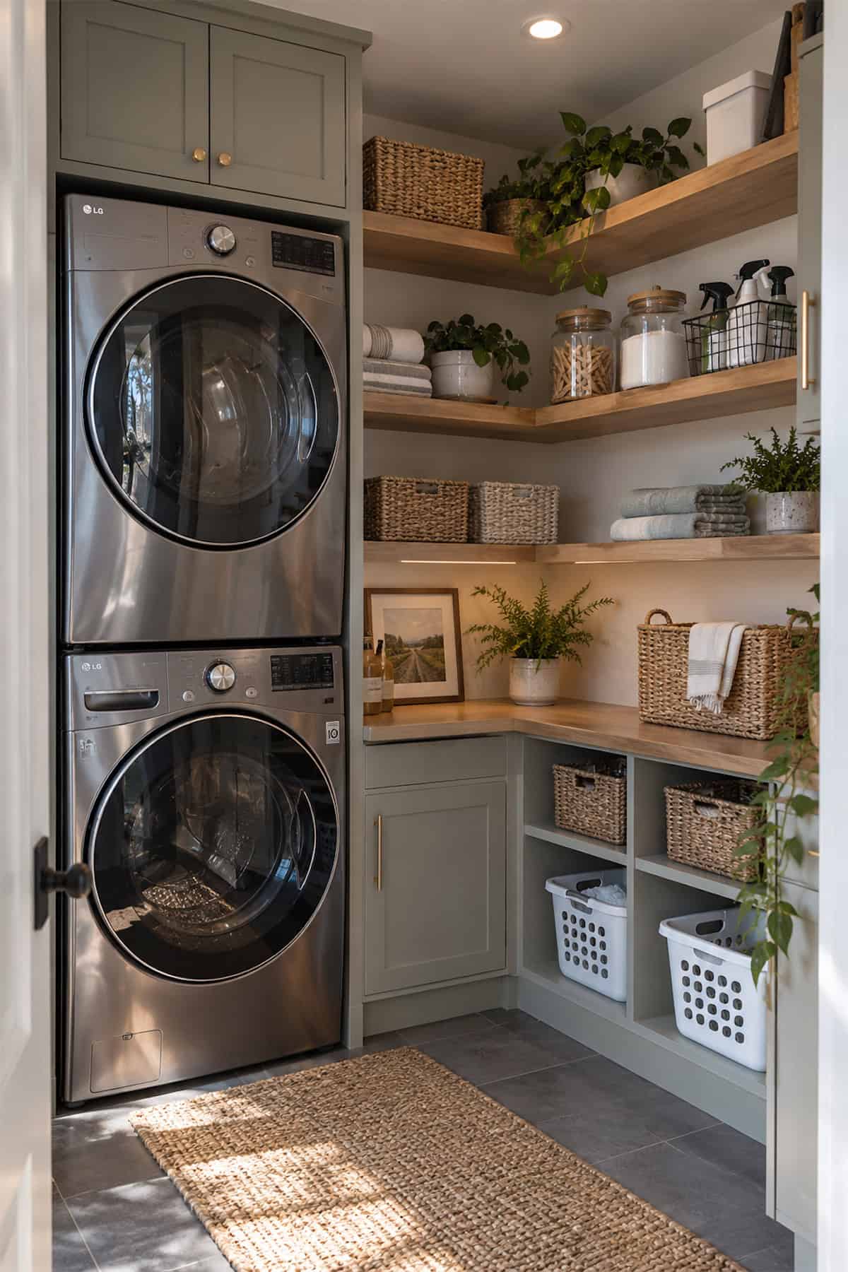 Corner Shelves Beside a Stacked Laundry Pair