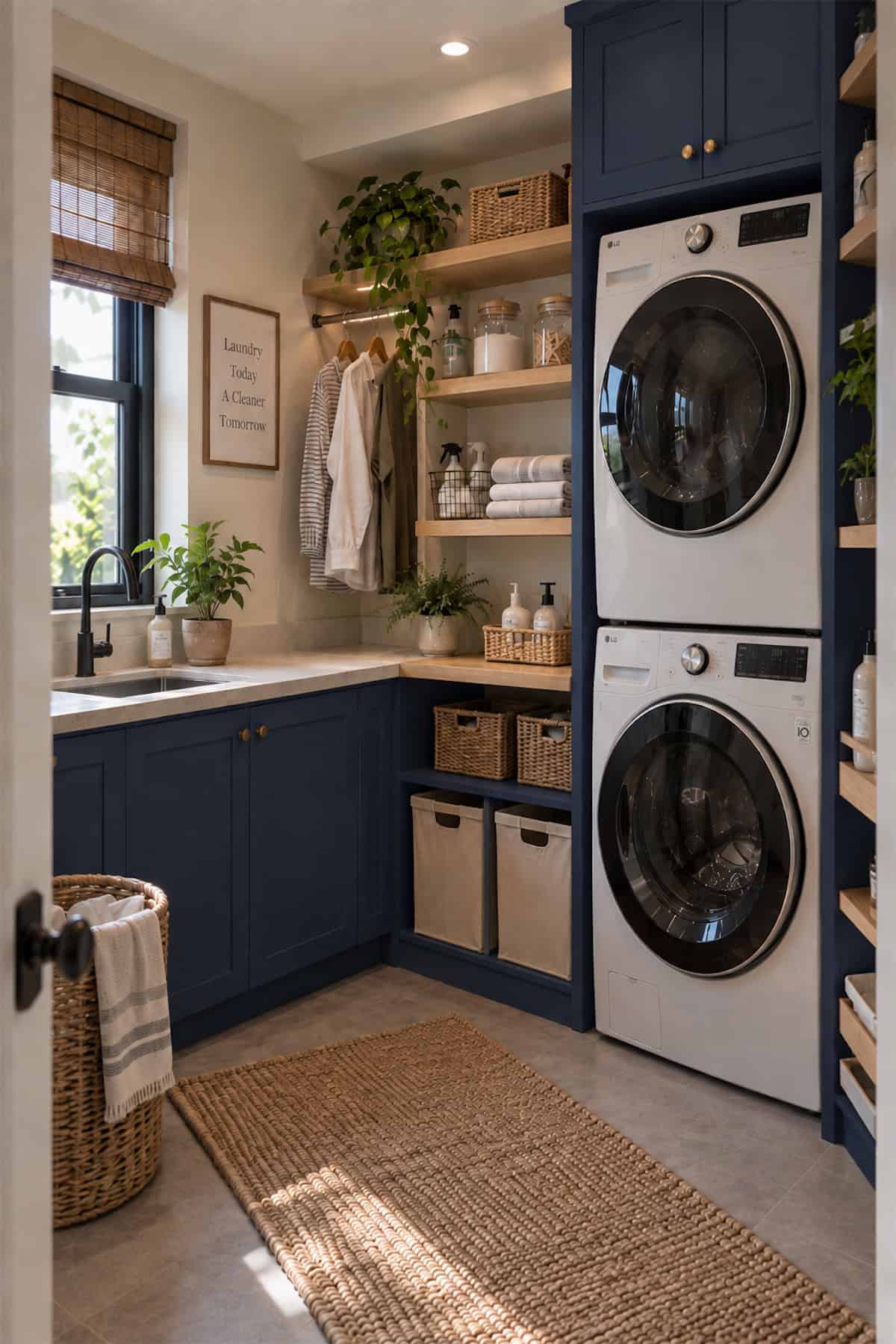 Navy Cabinetry Around a Stacked Laundry Pair