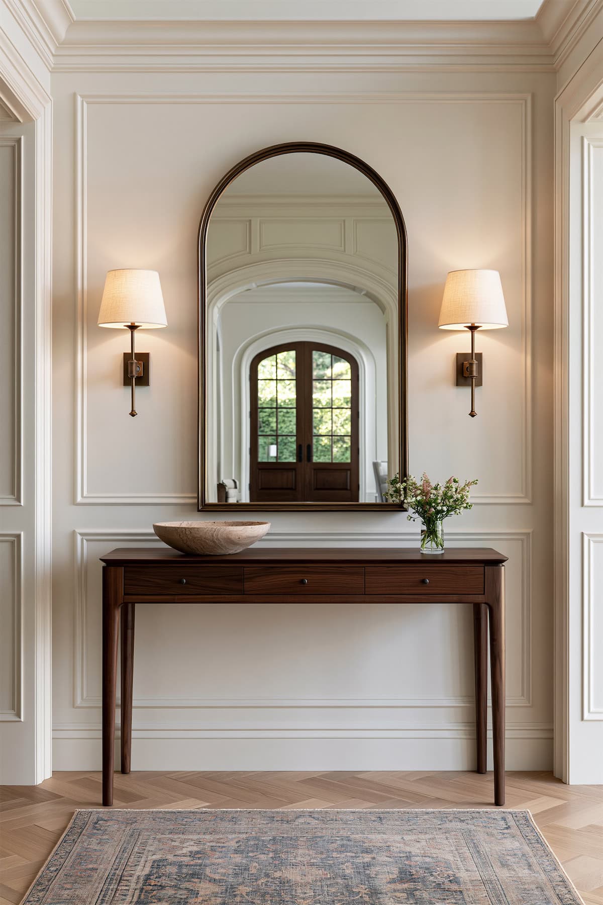 Entryway Mirror Between Twin Sconces