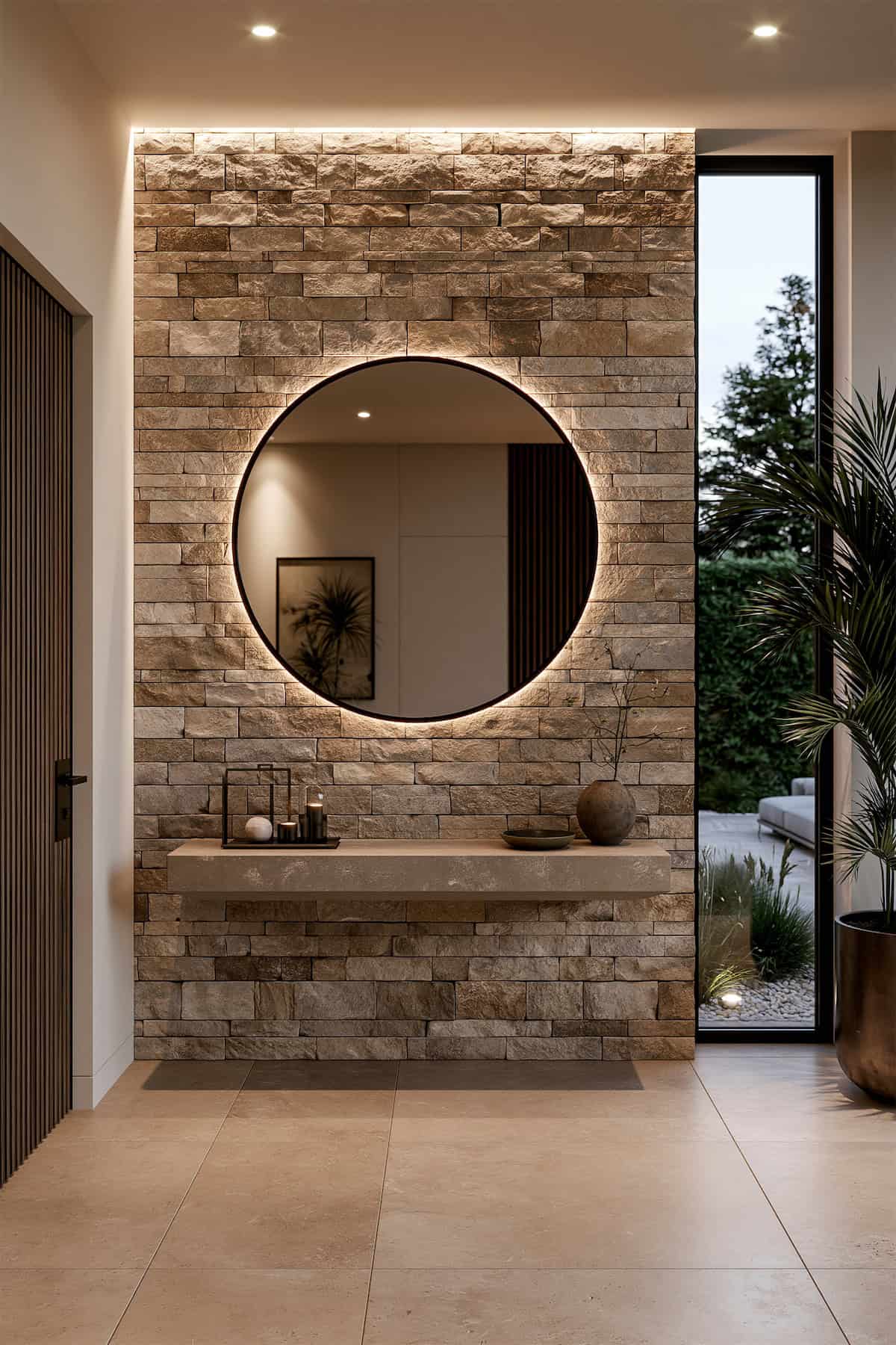 Backlit Entryway Mirror on Stone