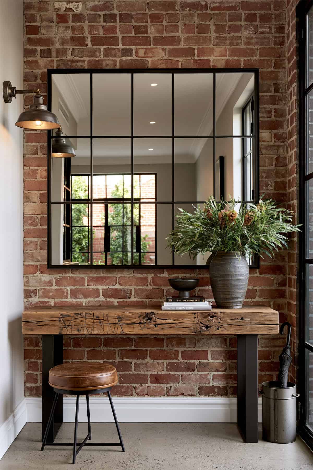 Industrial Entryway Mirror with a Window Grid