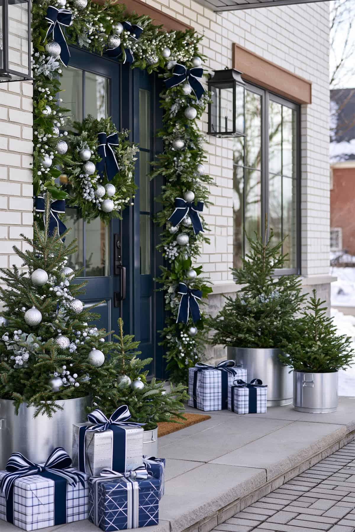 Navy Bows on a Silver Christmas Porch