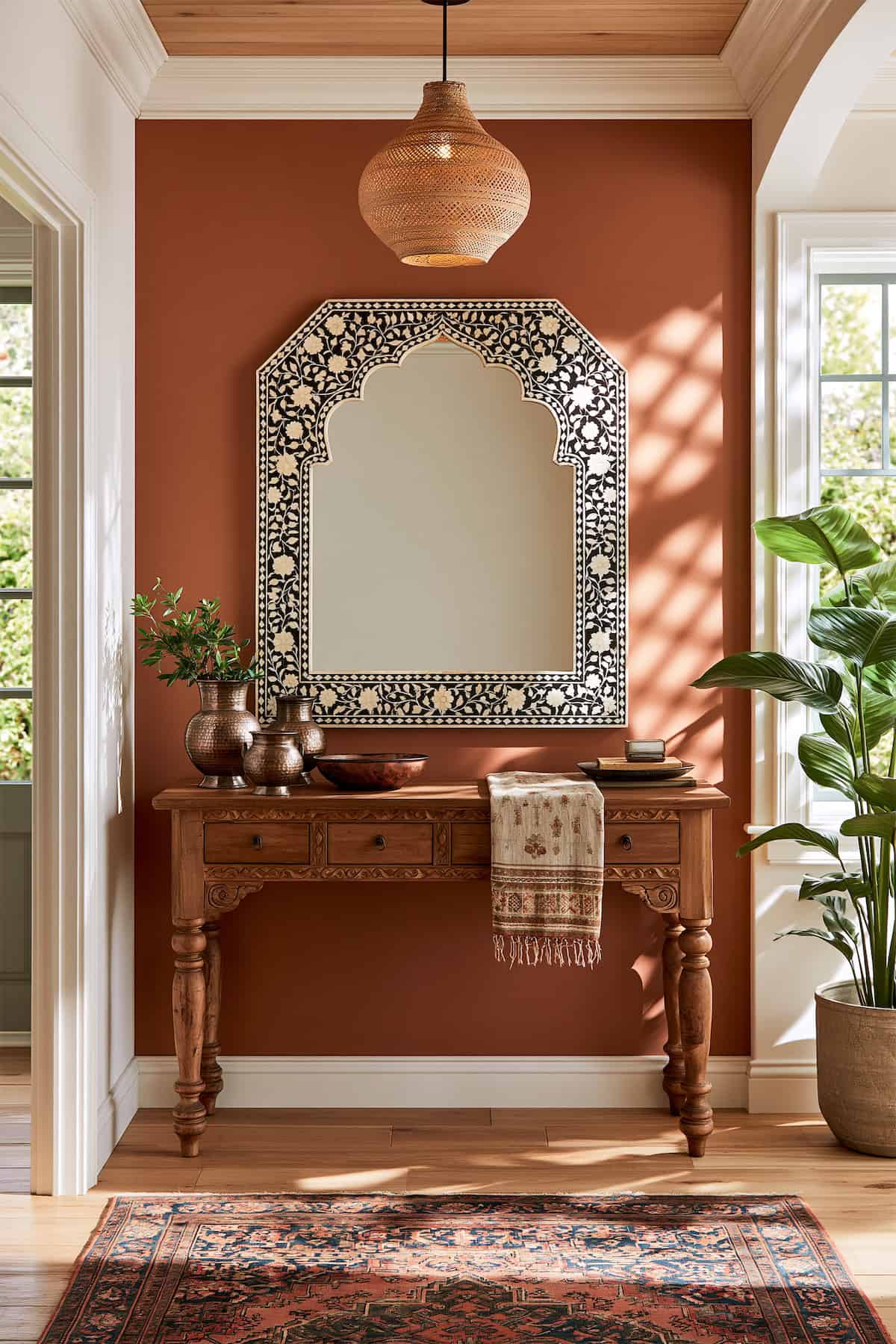 Bone-Inlay Mirror in a Global Entryway
