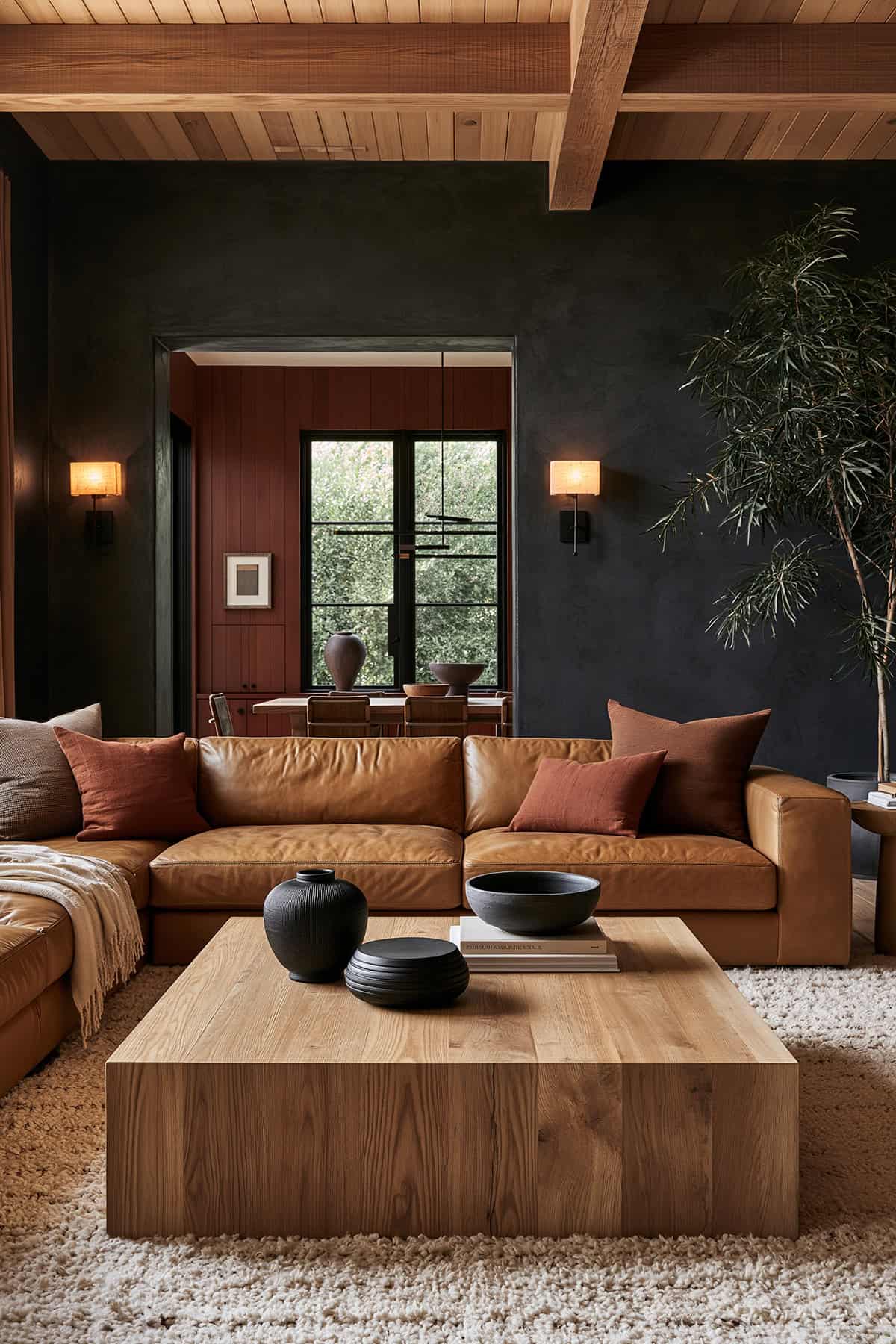 Charcoal, Camel, and Natural Wood Living Room