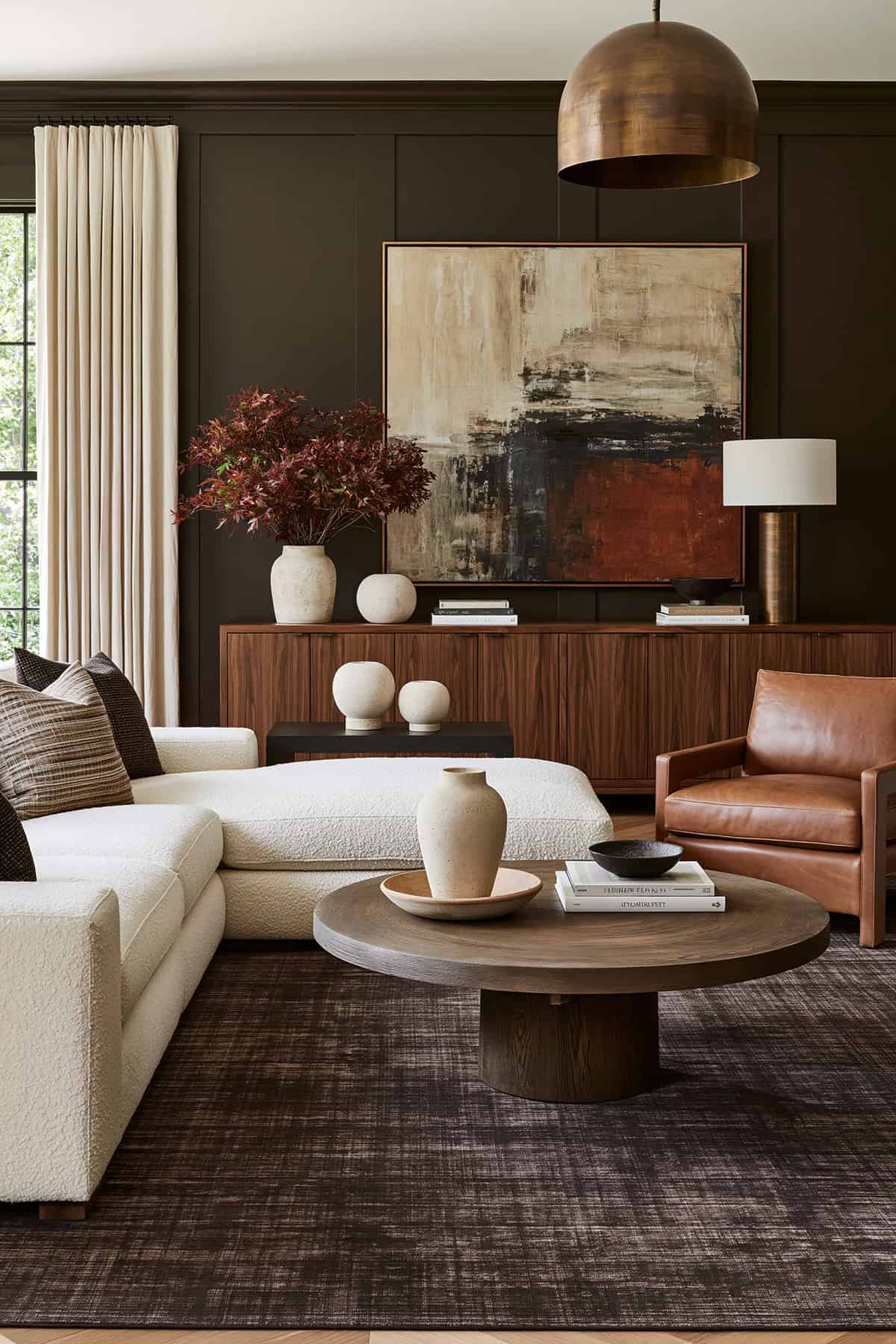 Chocolate Brown Living Room With Cream Accents