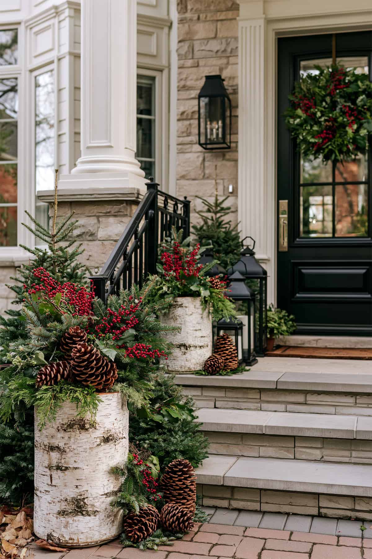 Birch Log Planters by the Porch Steps