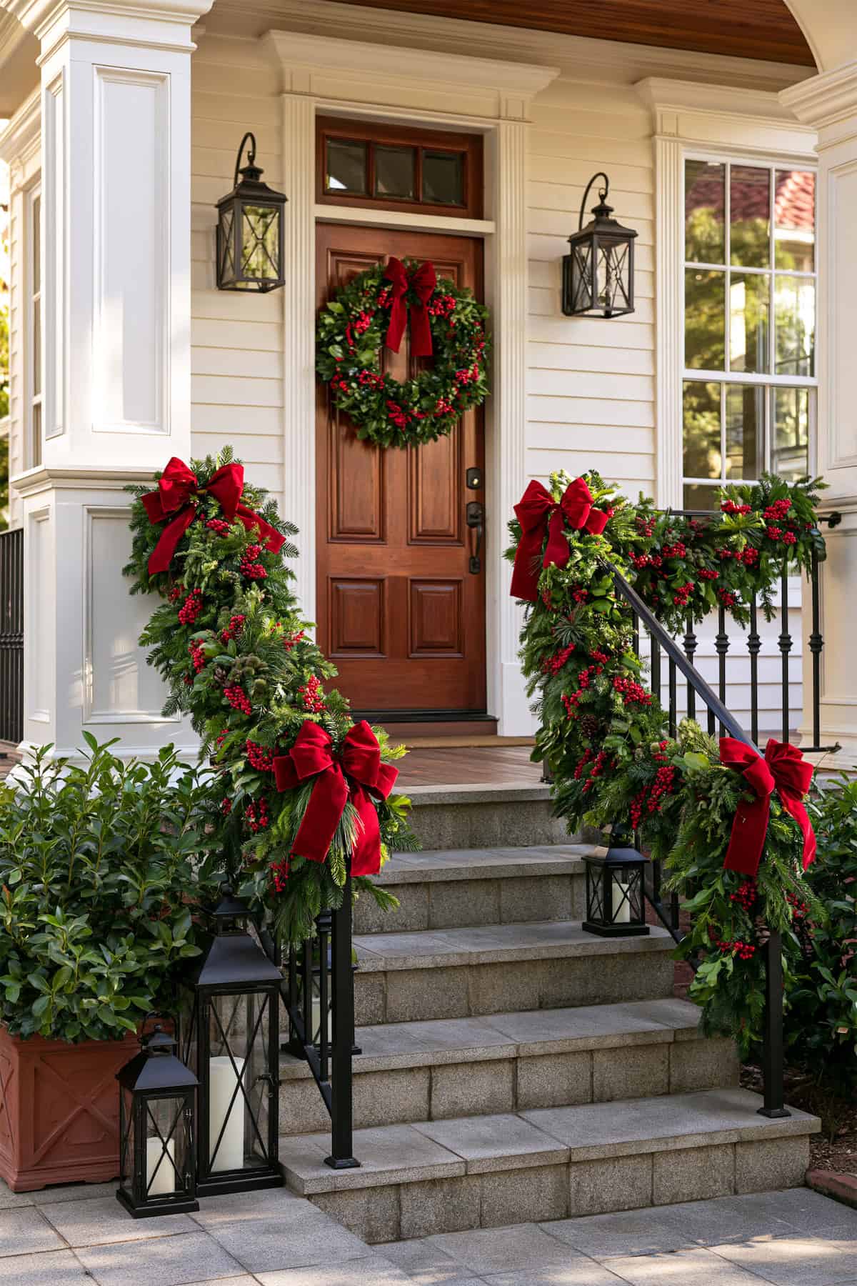 Railing Garland Draped in Red Bows