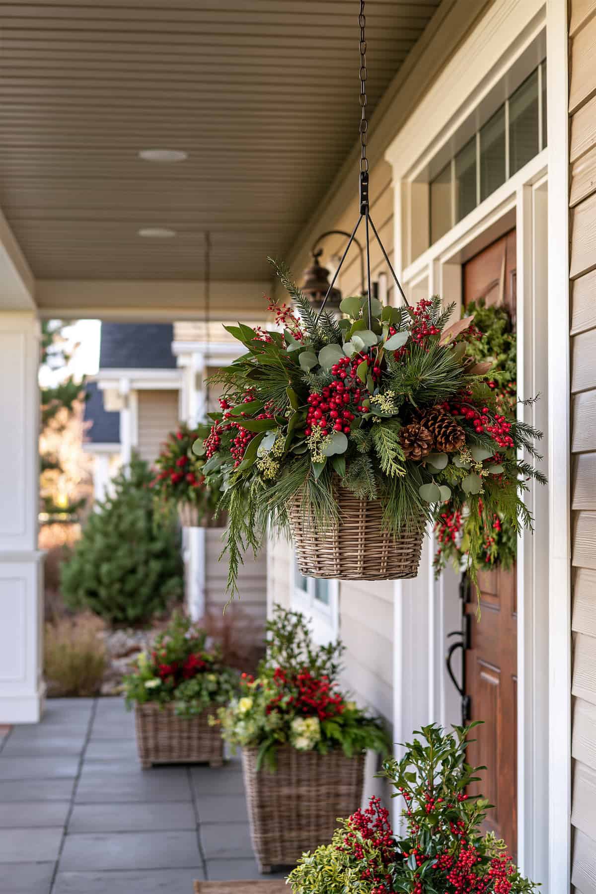 Hanging Evergreen Baskets Along the Porch