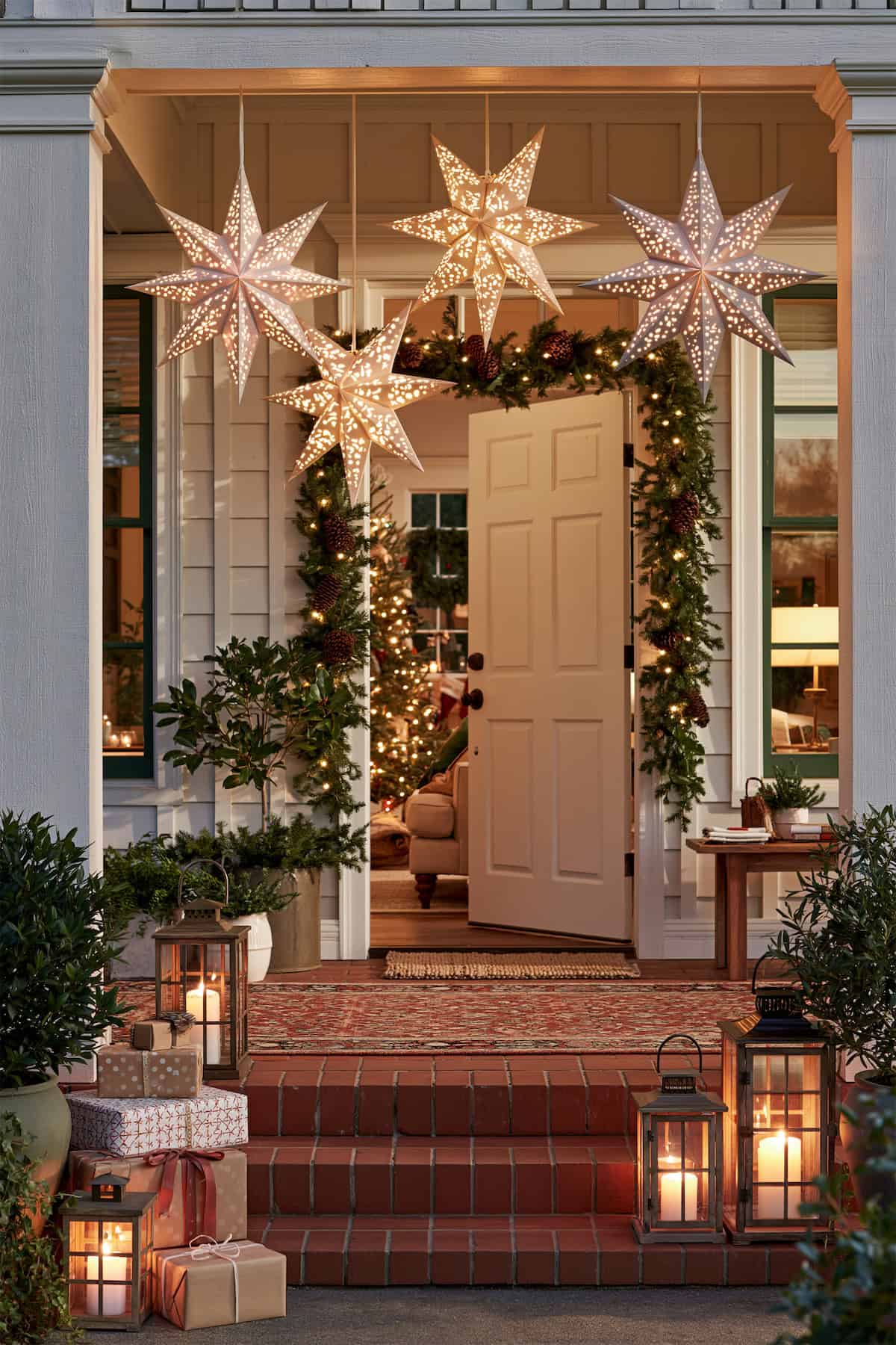 Paper Star Lanterns Over the Front Entry