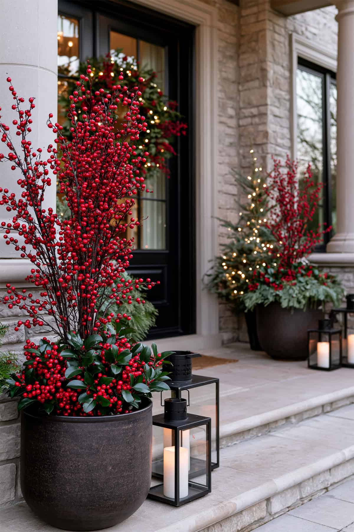 Red Berry Branches in Tall Porch Planters