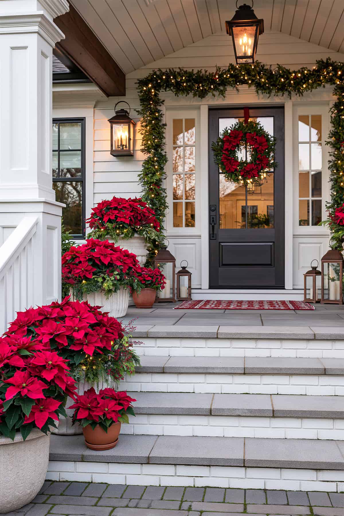 Poinsettia-Filled Steps at the Holiday Entry