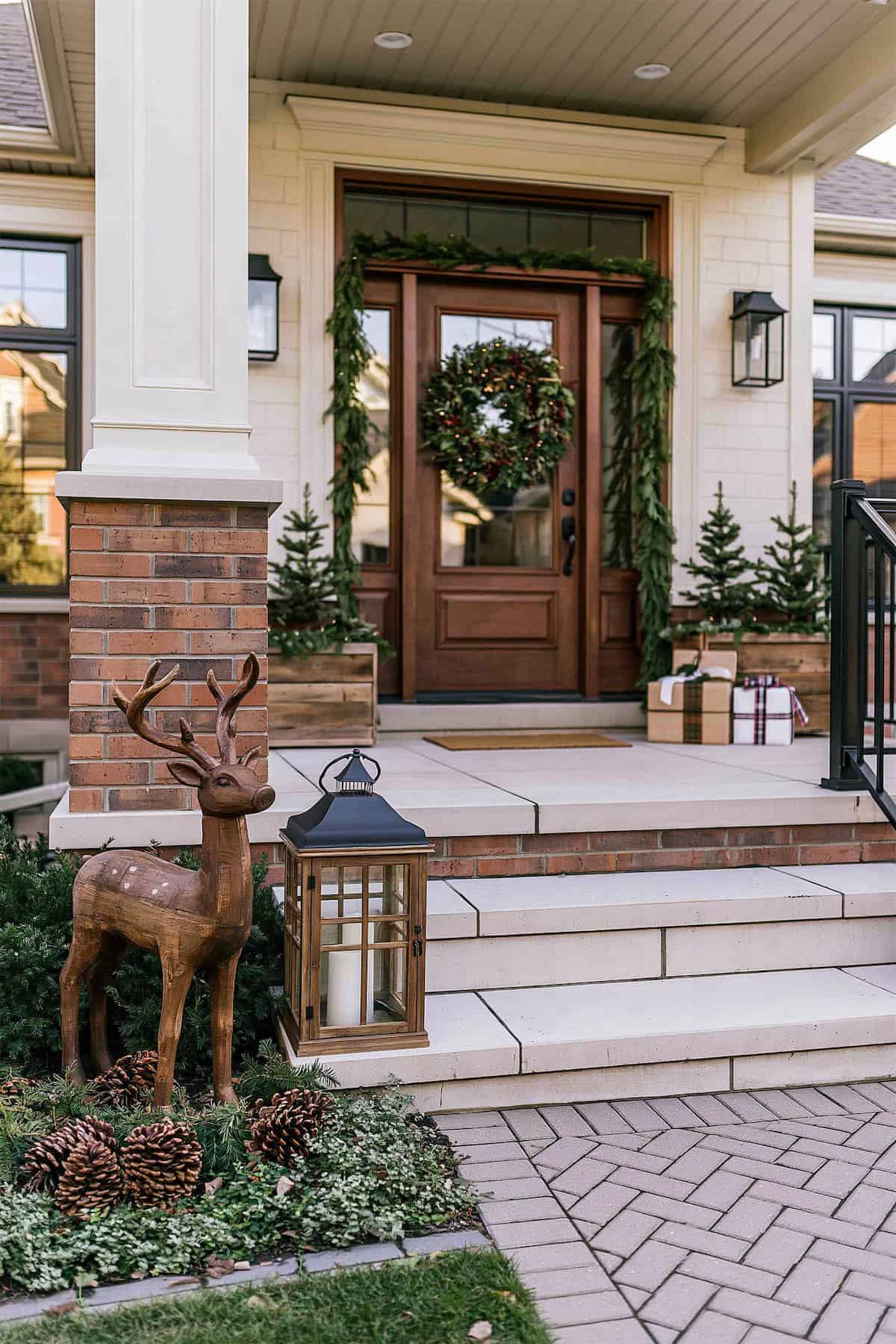 A Wooden Reindeer Guard at the Porch Steps