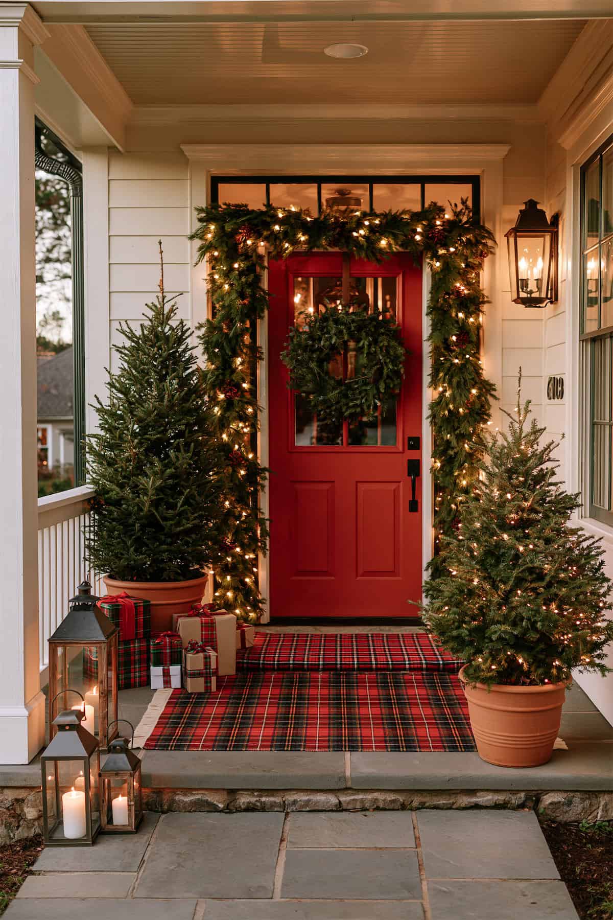 Plaid Rugs and a Red Christmas Door