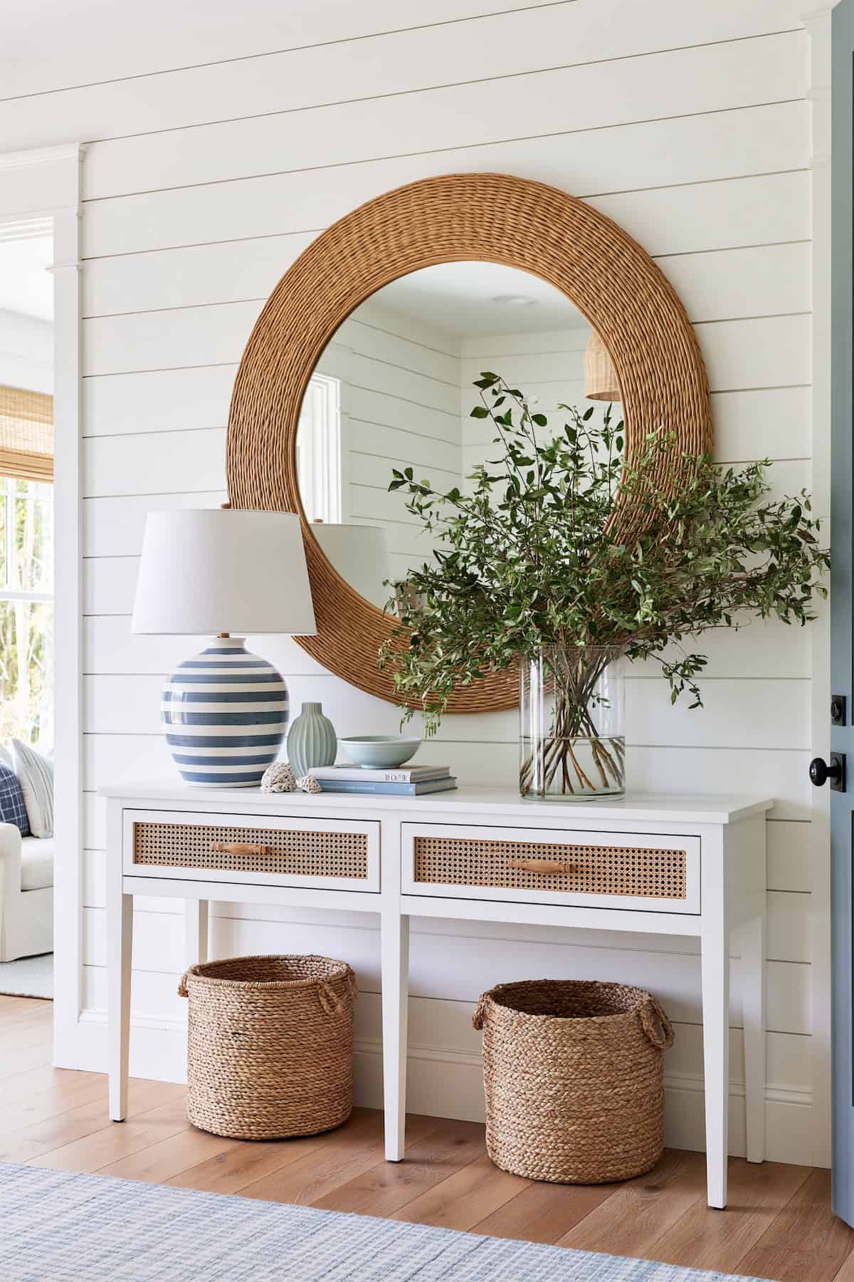 Rattan Entryway Mirror with Coastal Restraint