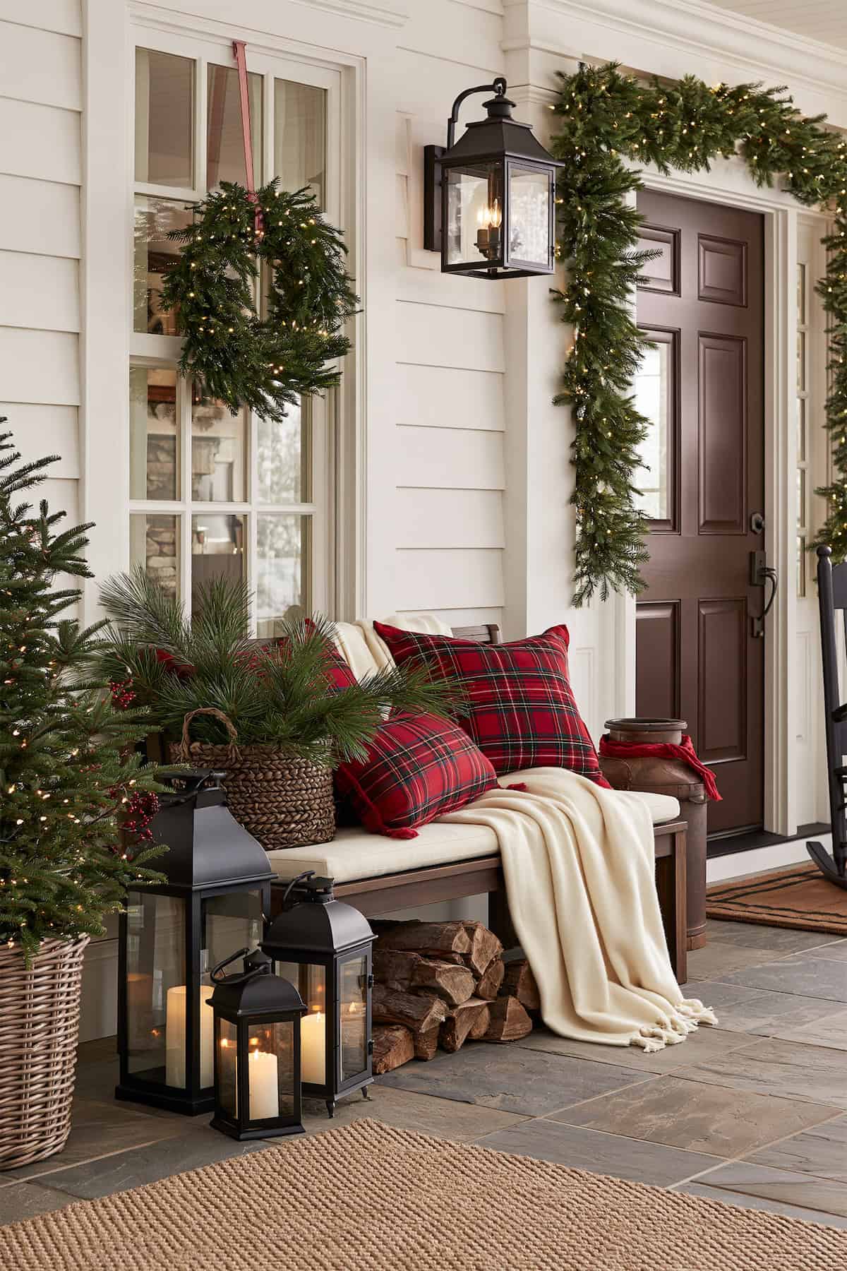 Plaid Pillows on a Christmas Porch Bench