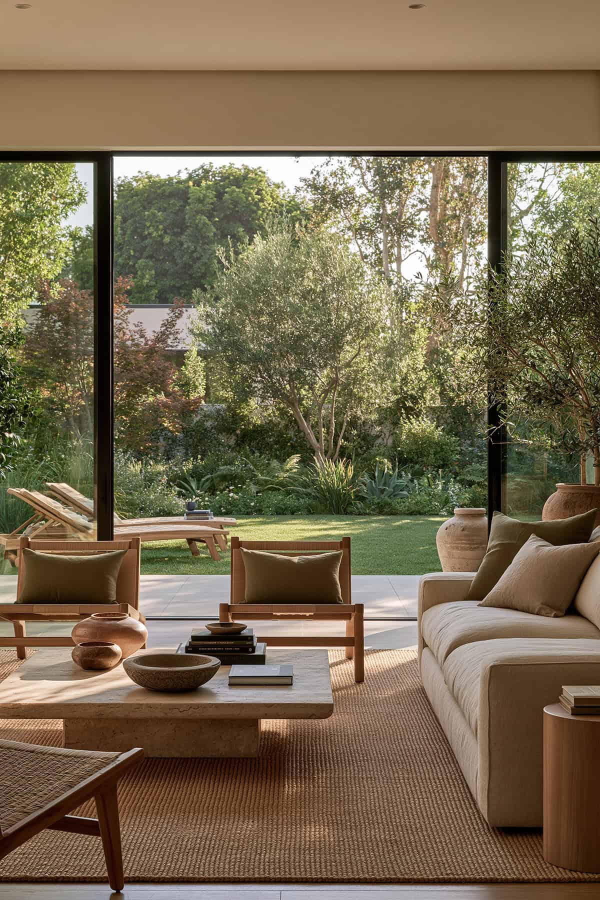Earthy Living Room Opening Onto a Garden