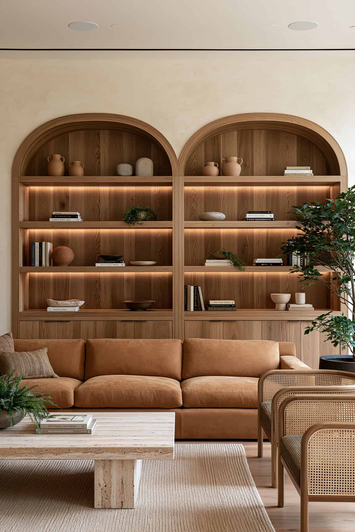 Earthy Living Room With Arched Wooden Shelves