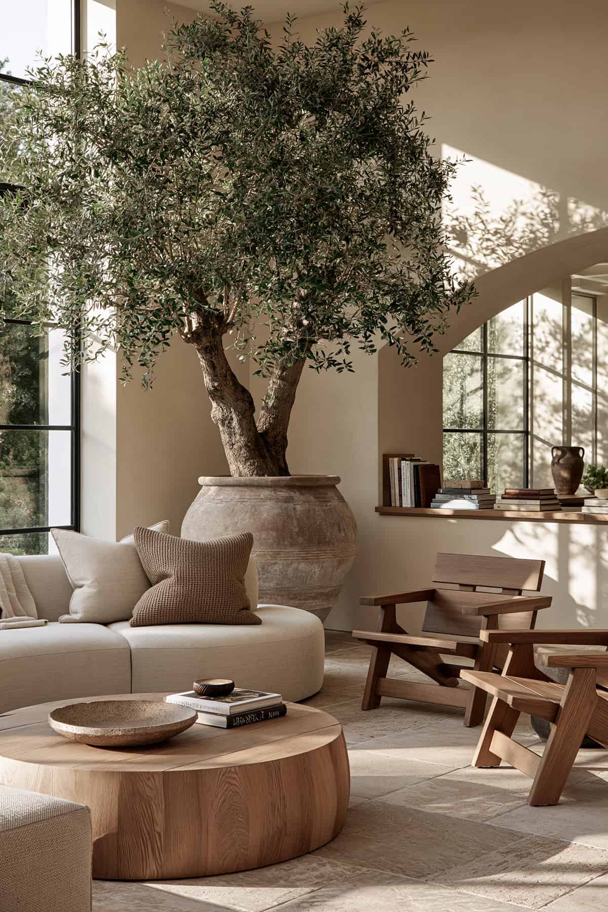 Earthy Living Room With a Large Indoor Tree