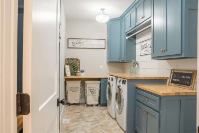 Blue Cabinetry for a Laundry Closet