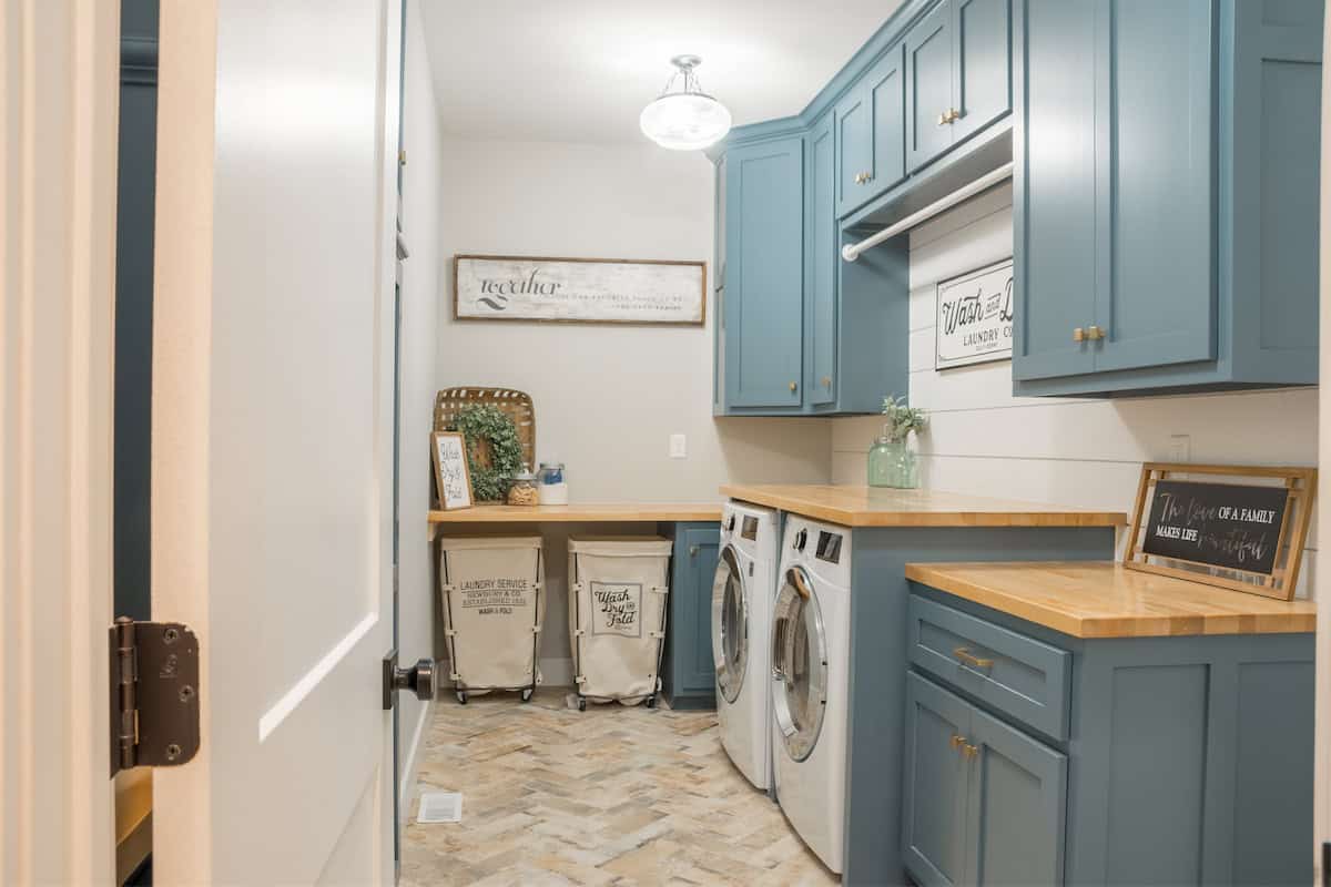 Blue Cabinetry for a Laundry Closet