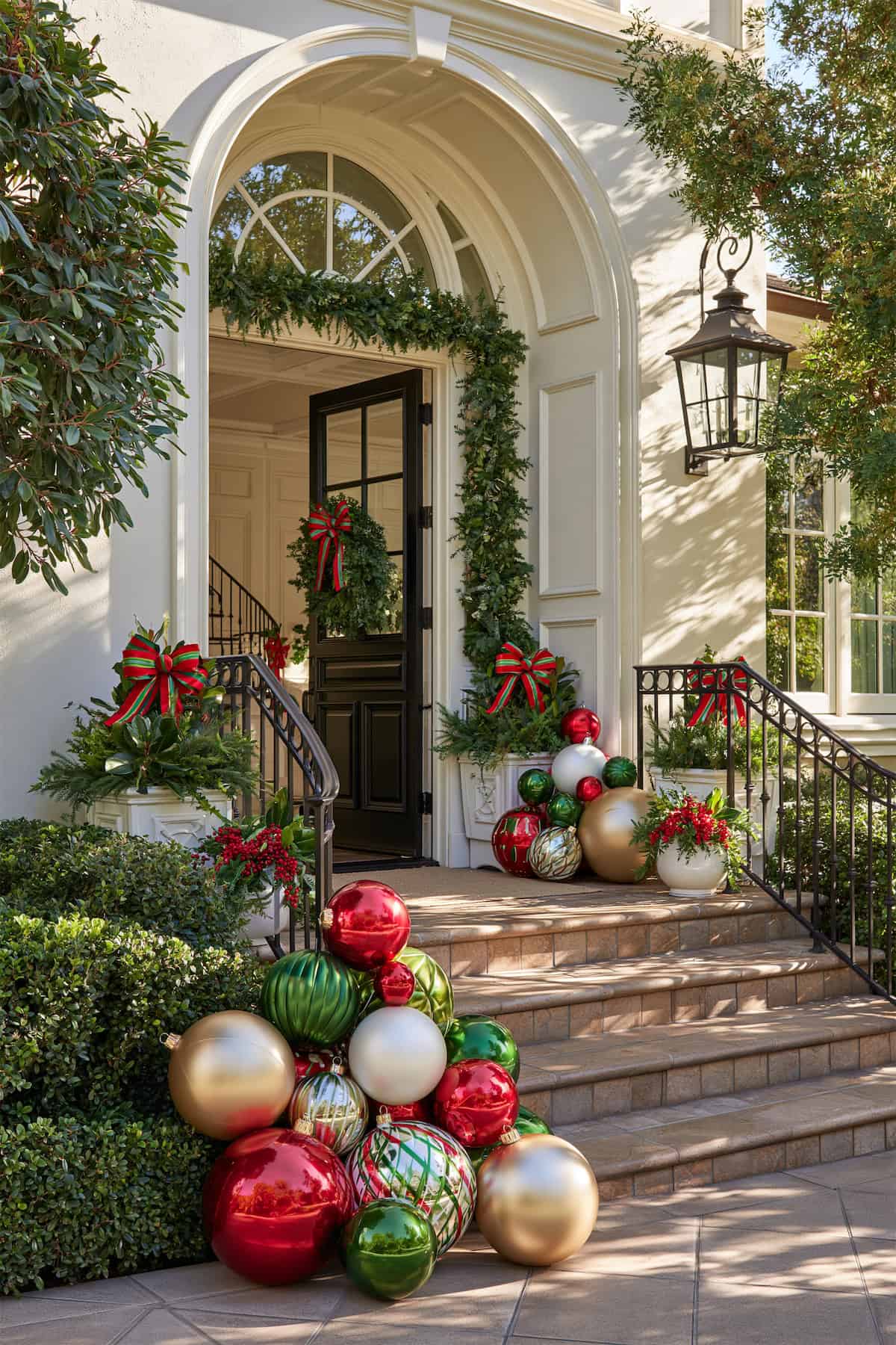Porch Steps With Oversized Christmas Ornaments