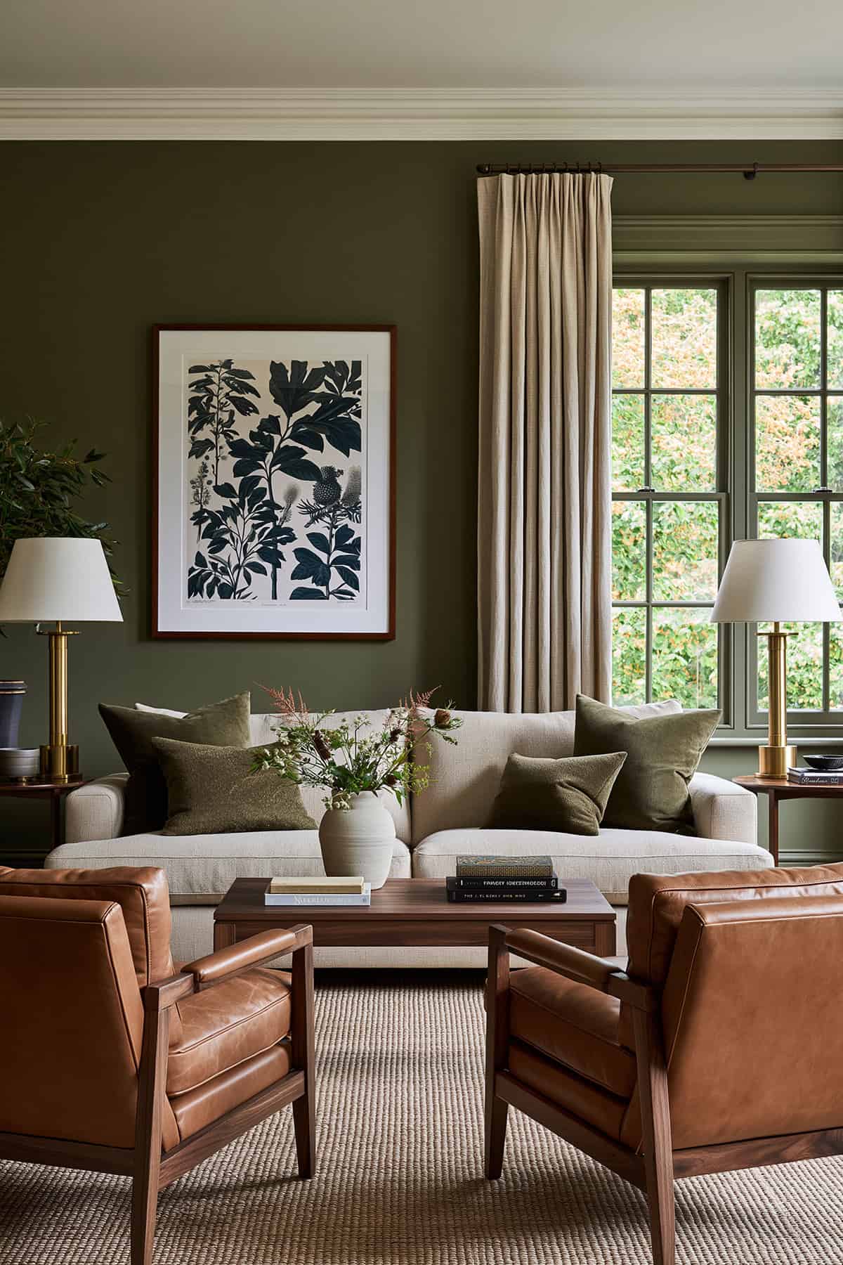Olive Green Living Room With Dark Wood