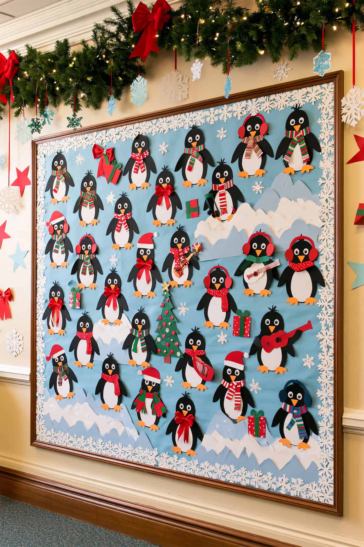 Penguins Across a Christmas Board