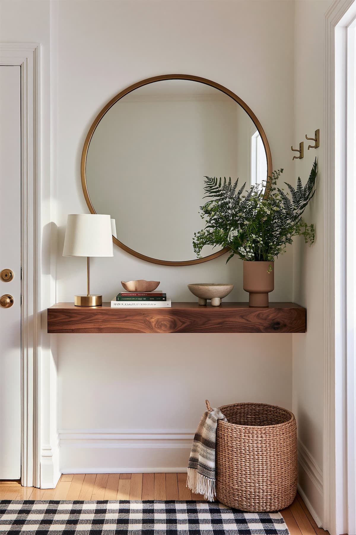 Round Entryway Mirror Over a Wood Ledge