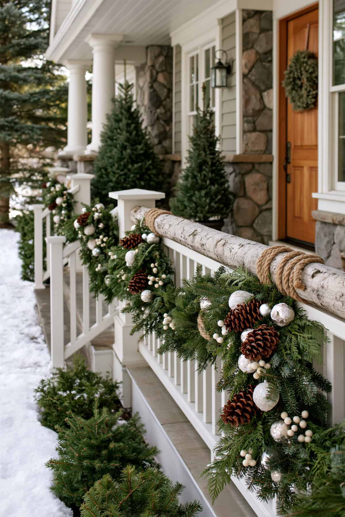 Birch Log Railing With Holiday Swags