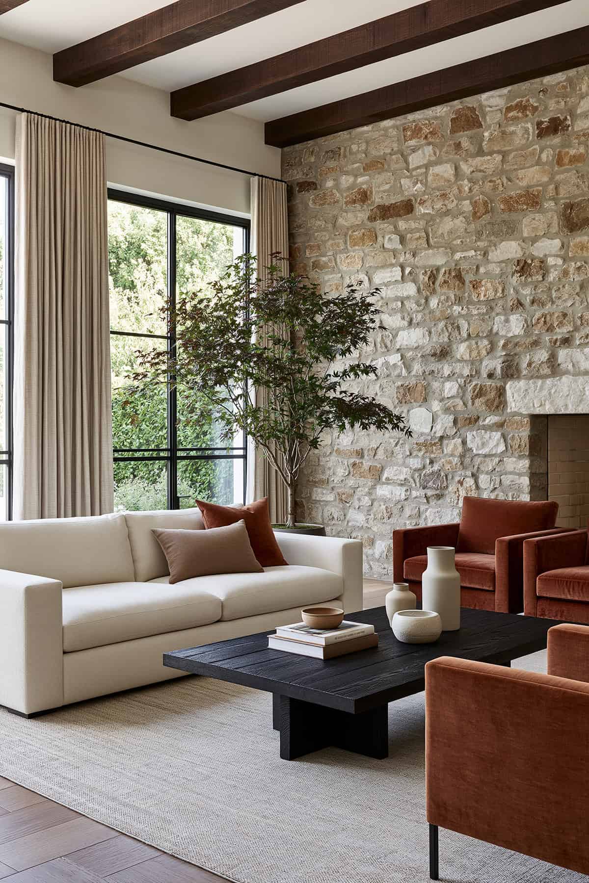 Rustic Stone Wall With Contemporary Furniture