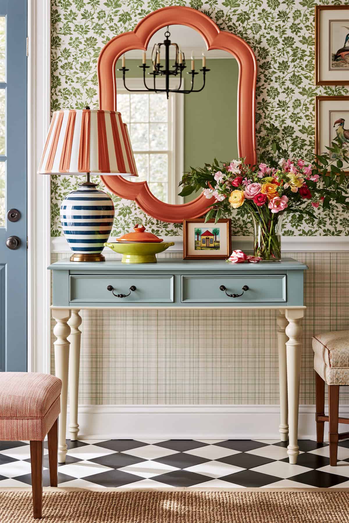 Coral Mirror Sets the Entryway Palette