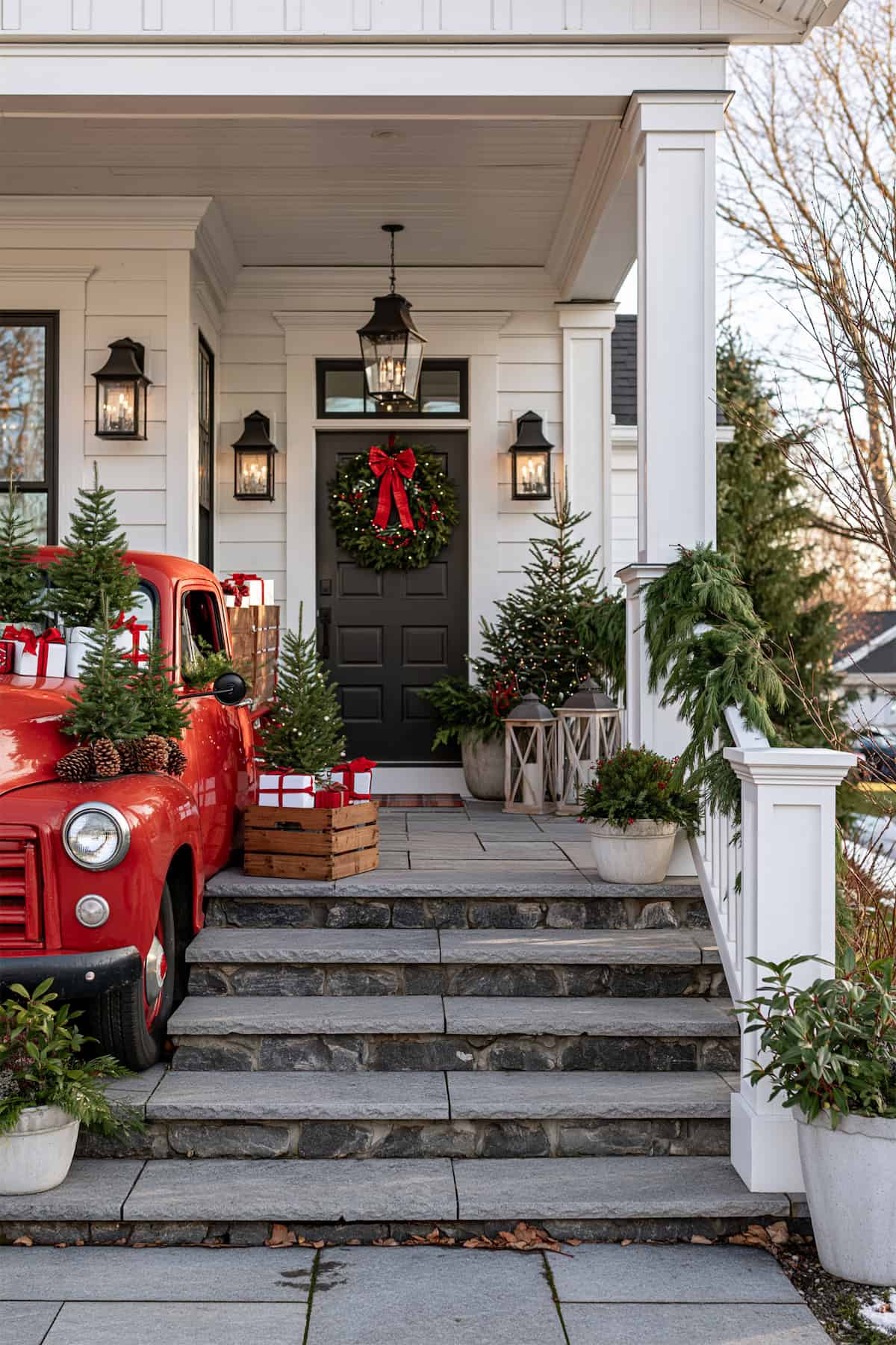 Vintage Red Truck Parked by the Porch Steps