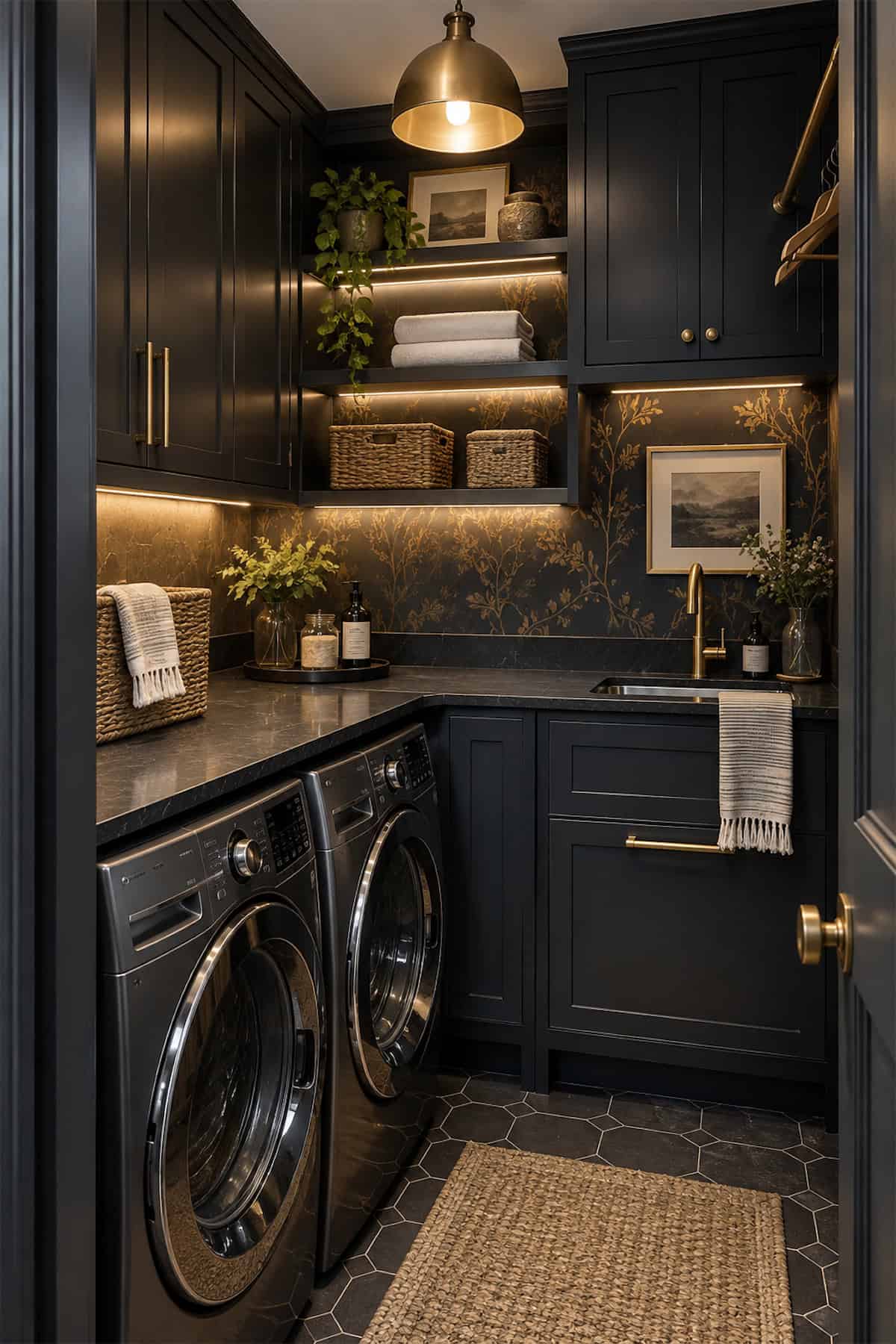 Wallpaper and Shelf Lights in a Dark Laundry Closet